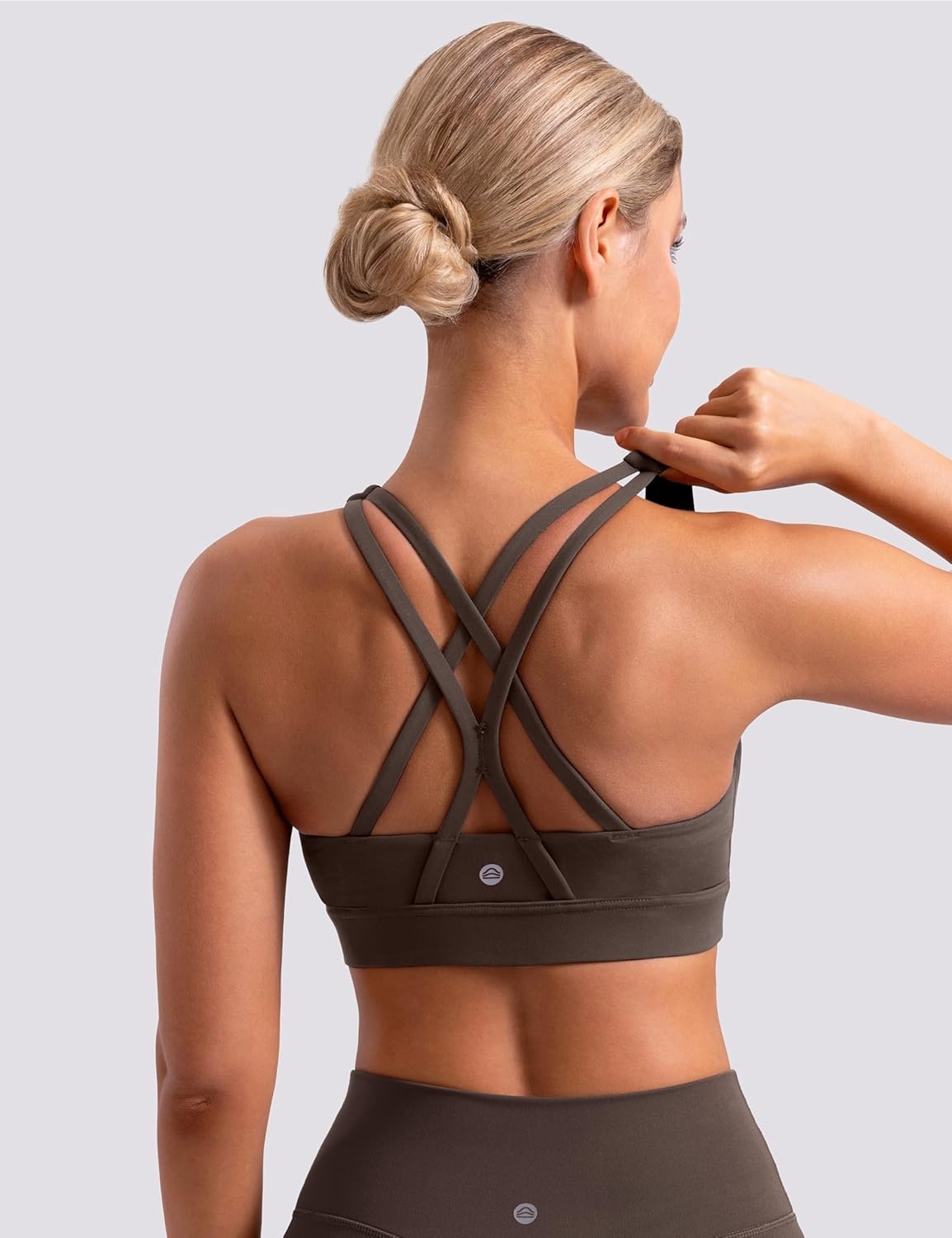 image:imageENERBLOOM Sports Bras for Women Criss Cross Strappy Back Padded Removable Cups Medium Support for Yoga Workout amp Daily WearBrown