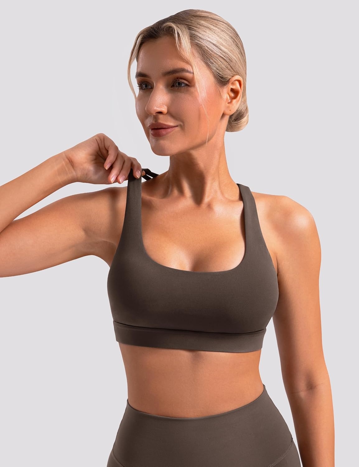 image:imageENERBLOOM Sports Bras for Women Criss Cross Strappy Back Padded Removable Cups Medium Support for Yoga Workout amp Daily WearBrown