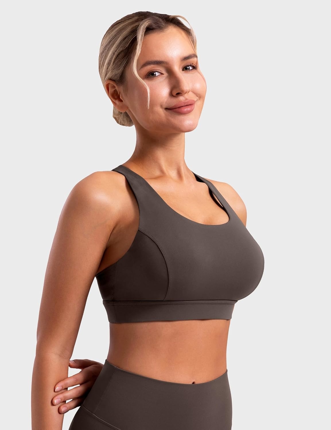 image:imageENERBLOOM Sports Bras for Women Criss Cross Strappy Back Padded Removable Cups Medium Support for Yoga Workout amp Daily WearBrown