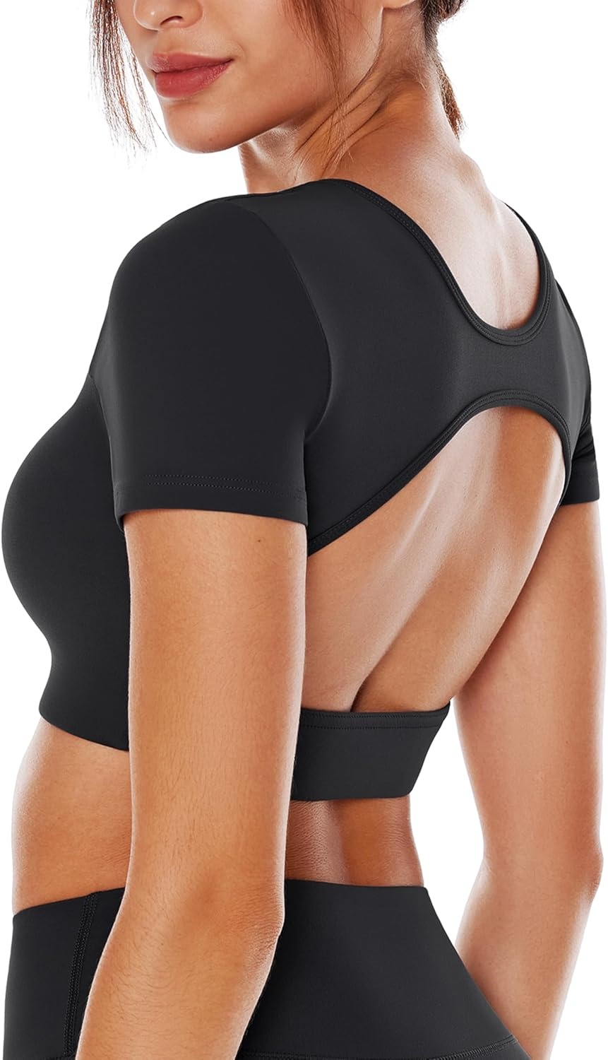 image:imageENERBLOOM Open Back Workout Crop Tops for Women Backless Yoga Shirts Gym Short Sleeve Mild Support Compression Tee with BraBlack
