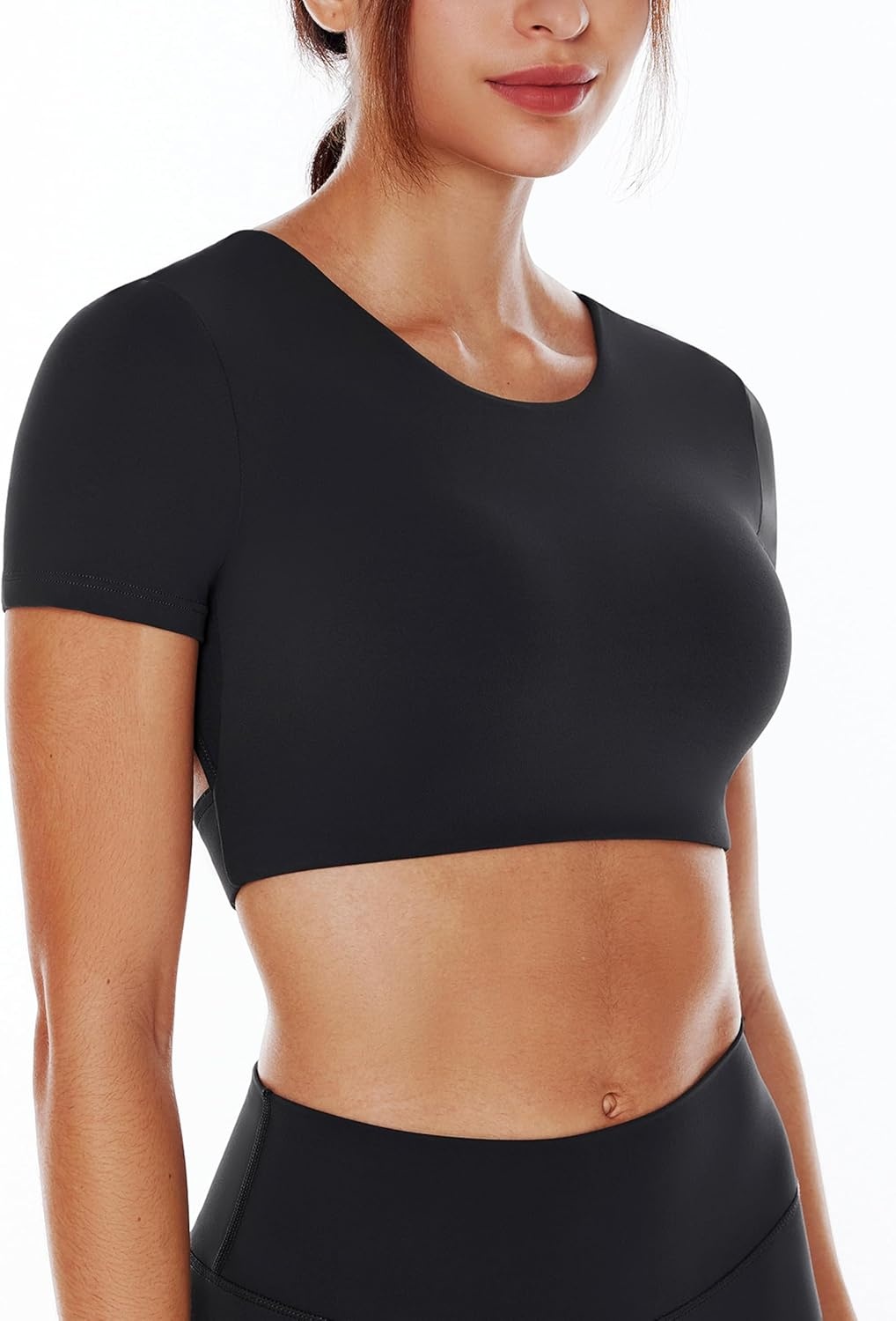 image:imageENERBLOOM Open Back Workout Crop Tops for Women Backless Yoga Shirts Gym Short Sleeve Mild Support Compression Tee with BraBlack