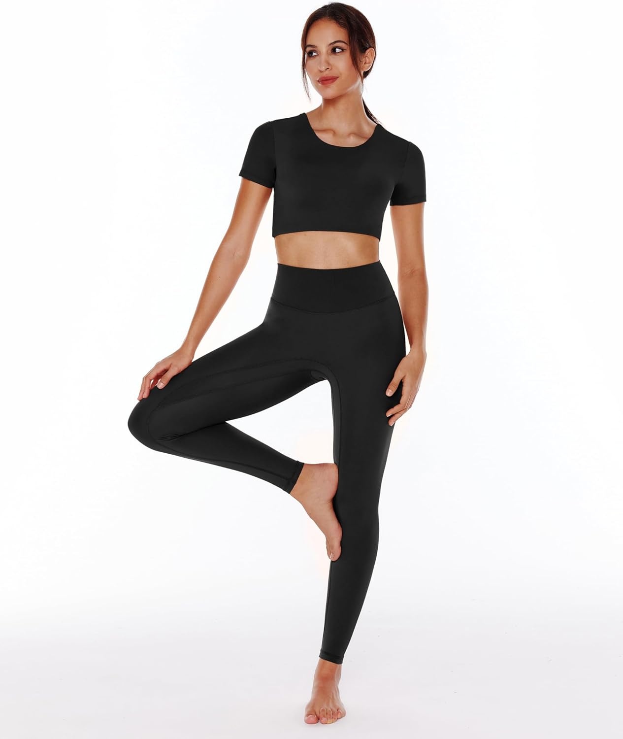 image:imageENERBLOOM Open Back Workout Crop Tops for Women Backless Yoga Shirts Gym Short Sleeve Mild Support Compression Tee with BraBlack