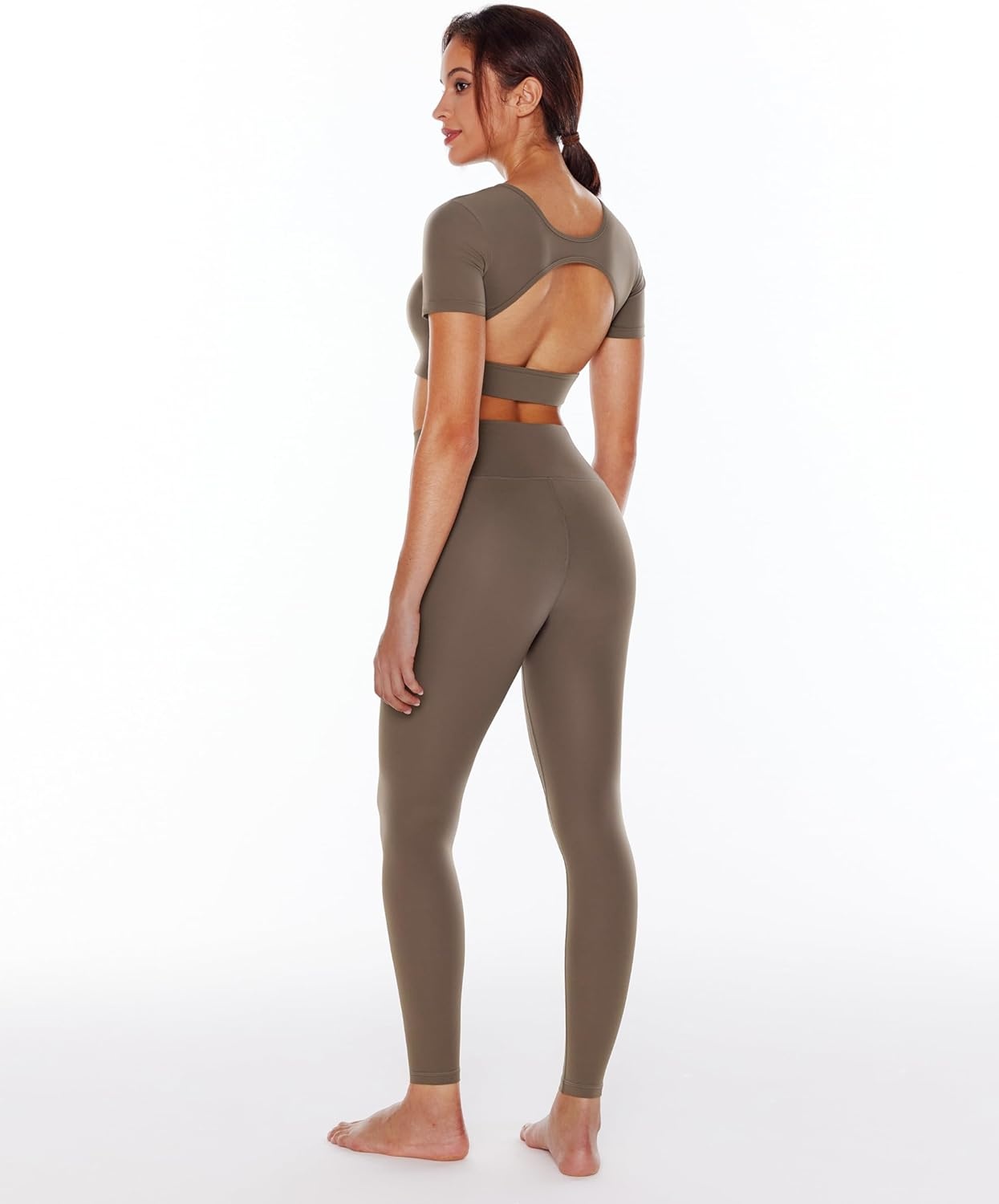 image:imageENERBLOOM Open Back Workout Crop Tops for Women Backless Yoga Shirts Gym Short Sleeve Mild Support Compression Tee with BraCoffee