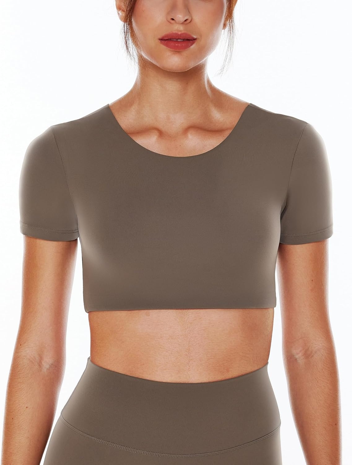 image:imageENERBLOOM Open Back Workout Crop Tops for Women Backless Yoga Shirts Gym Short Sleeve Mild Support Compression Tee with BraCoffee