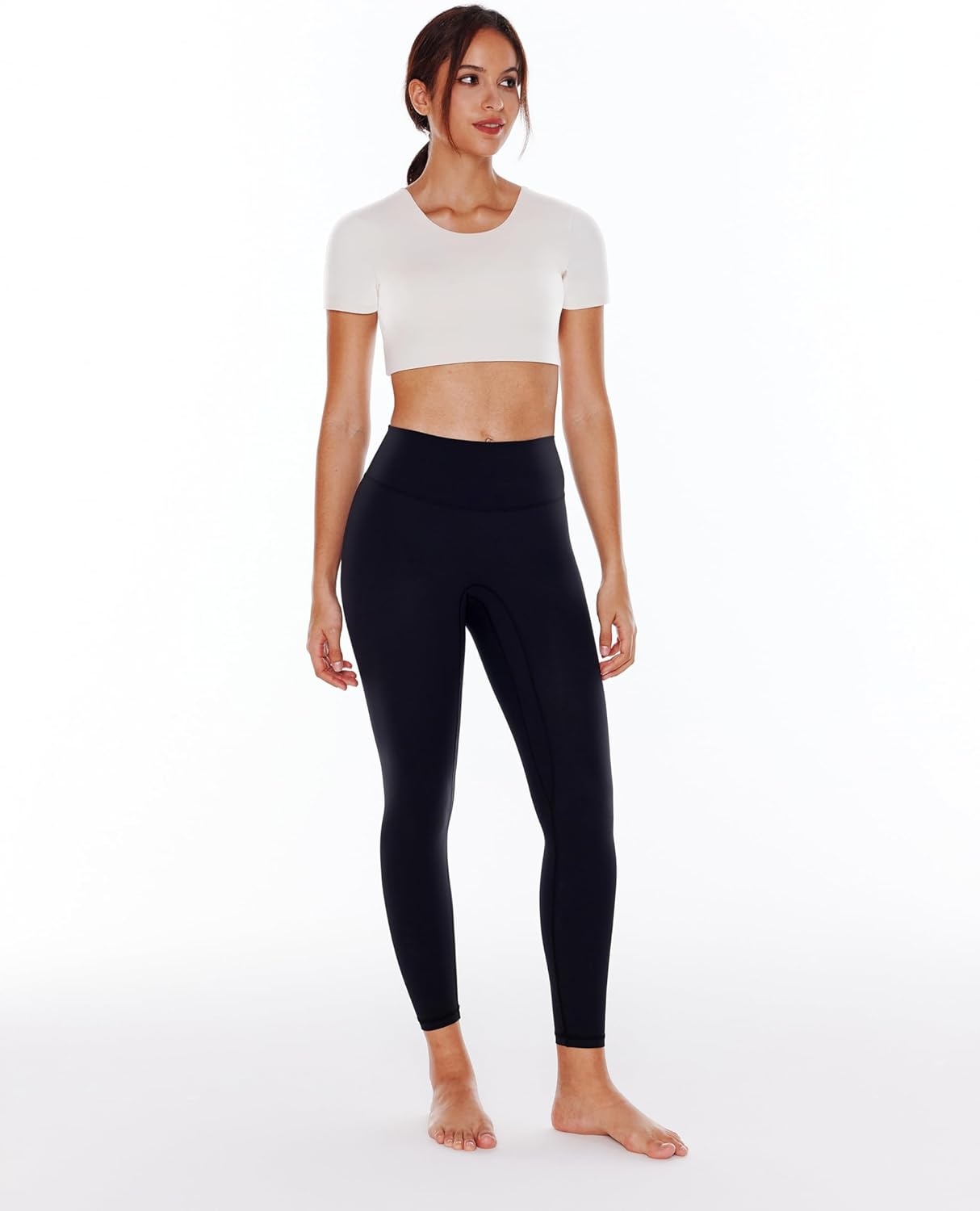 image:imageENERBLOOM Open Back Workout Crop Tops for Women Backless Yoga Shirts Gym Short Sleeve Mild Support Compression Tee with BraCreamy White