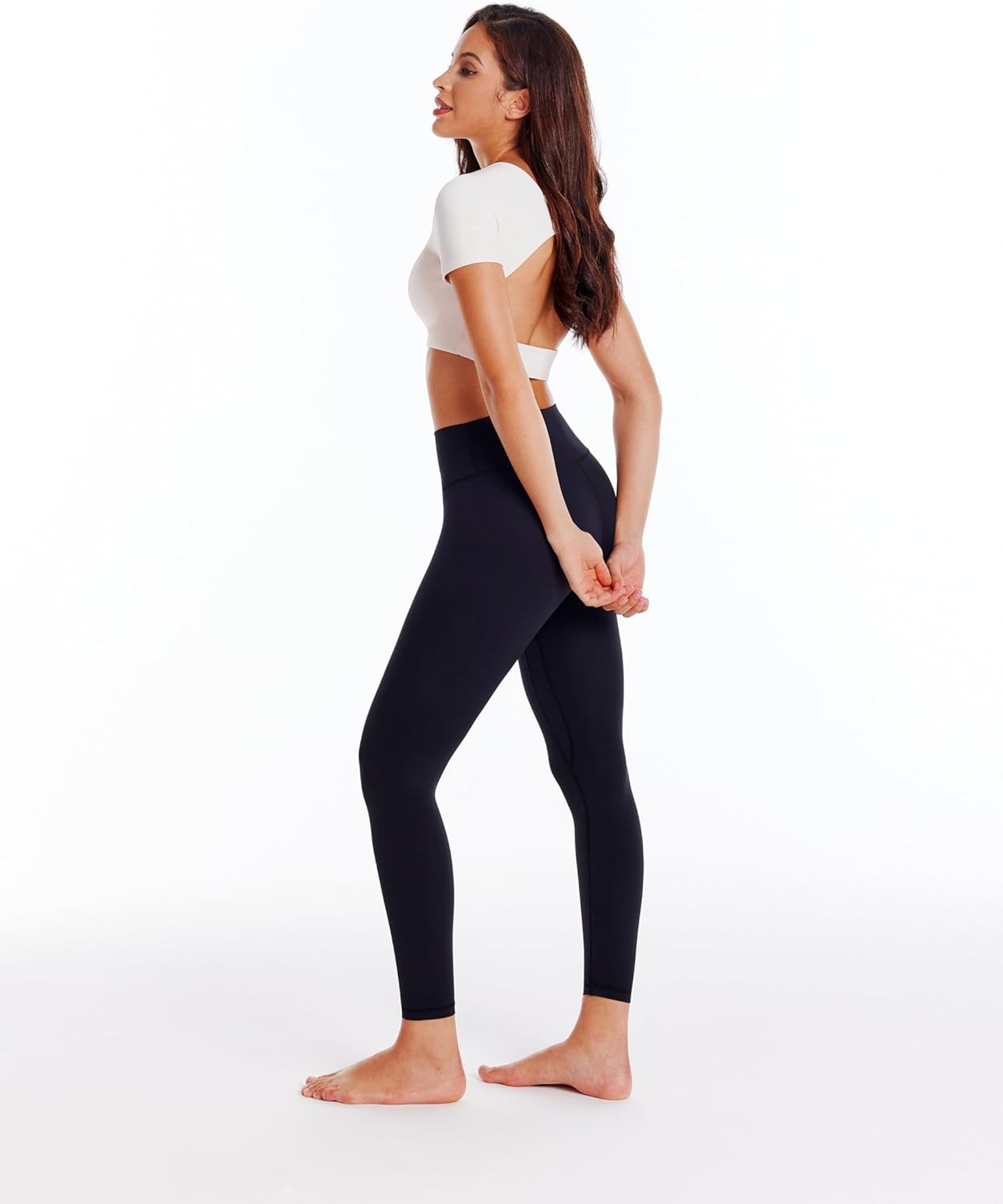 image:imageENERBLOOM Open Back Workout Crop Tops for Women Backless Yoga Shirts Gym Short Sleeve Mild Support Compression Tee with BraCreamy White