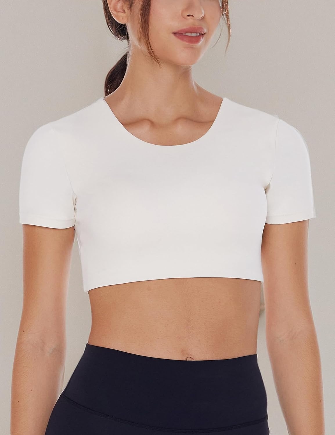 image:imageENERBLOOM Open Back Workout Crop Tops for Women Backless Yoga Shirts Gym Short Sleeve Mild Support Compression Tee with BraCreamy White