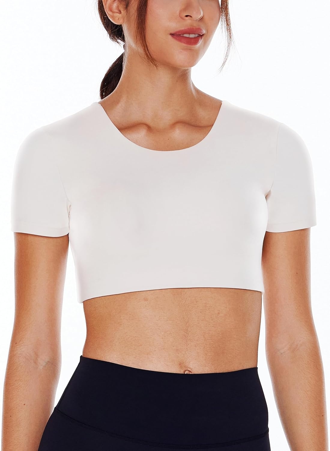 image:imageENERBLOOM Open Back Workout Crop Tops for Women Backless Yoga Shirts Gym Short Sleeve Mild Support Compression Tee with BraCreamy White
