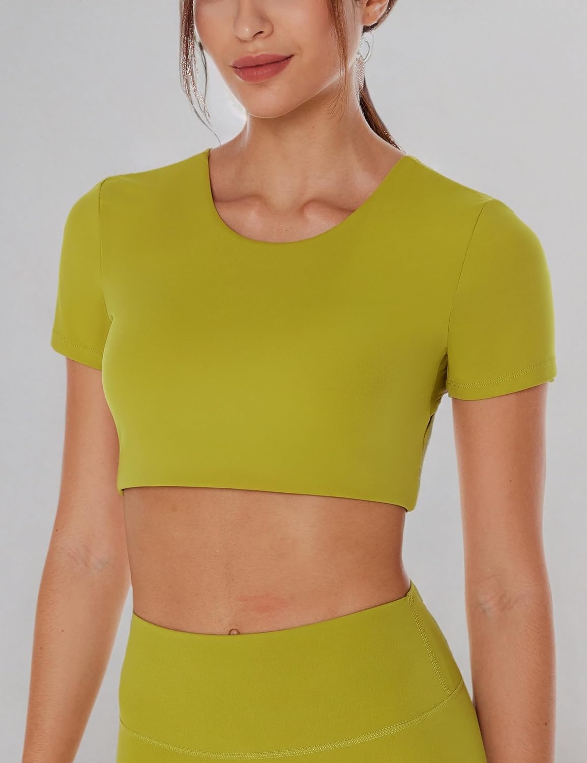 image:imageENERBLOOM Open Back Workout Crop Tops for Women Backless Yoga Shirts Gym Short Sleeve Mild Support Compression Tee with BraGinger Yellow