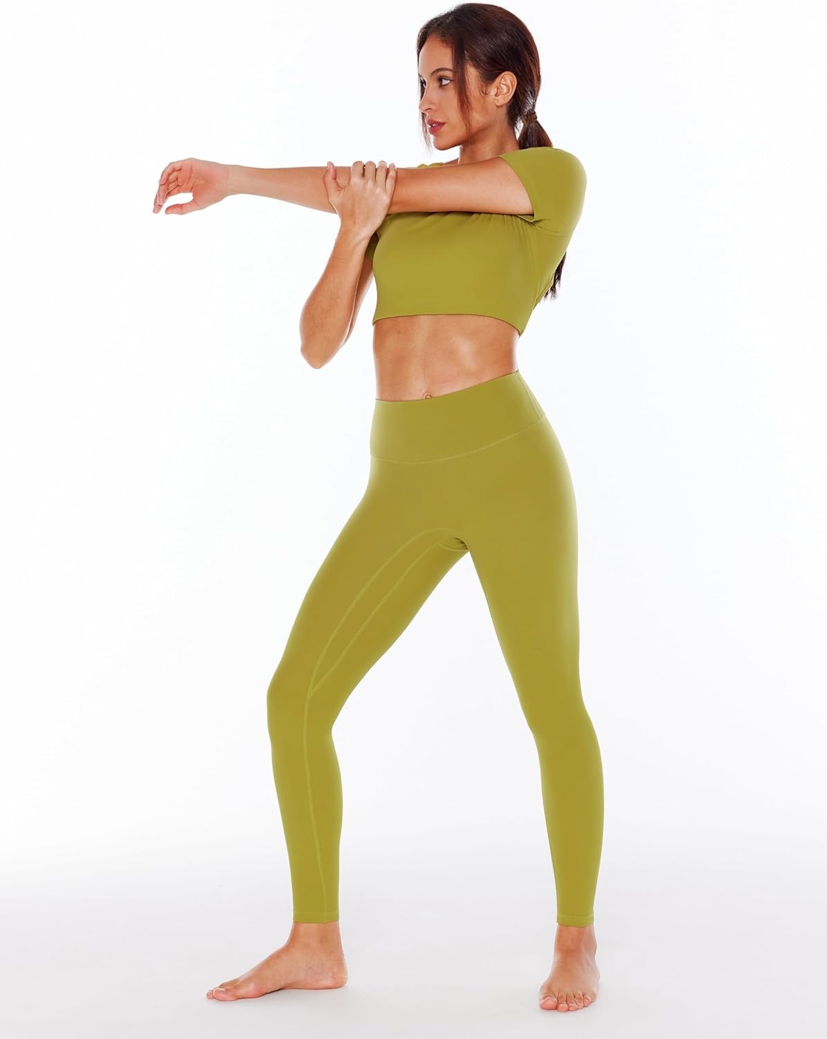 image:imageENERBLOOM Open Back Workout Crop Tops for Women Backless Yoga Shirts Gym Short Sleeve Mild Support Compression Tee with BraGinger Yellow