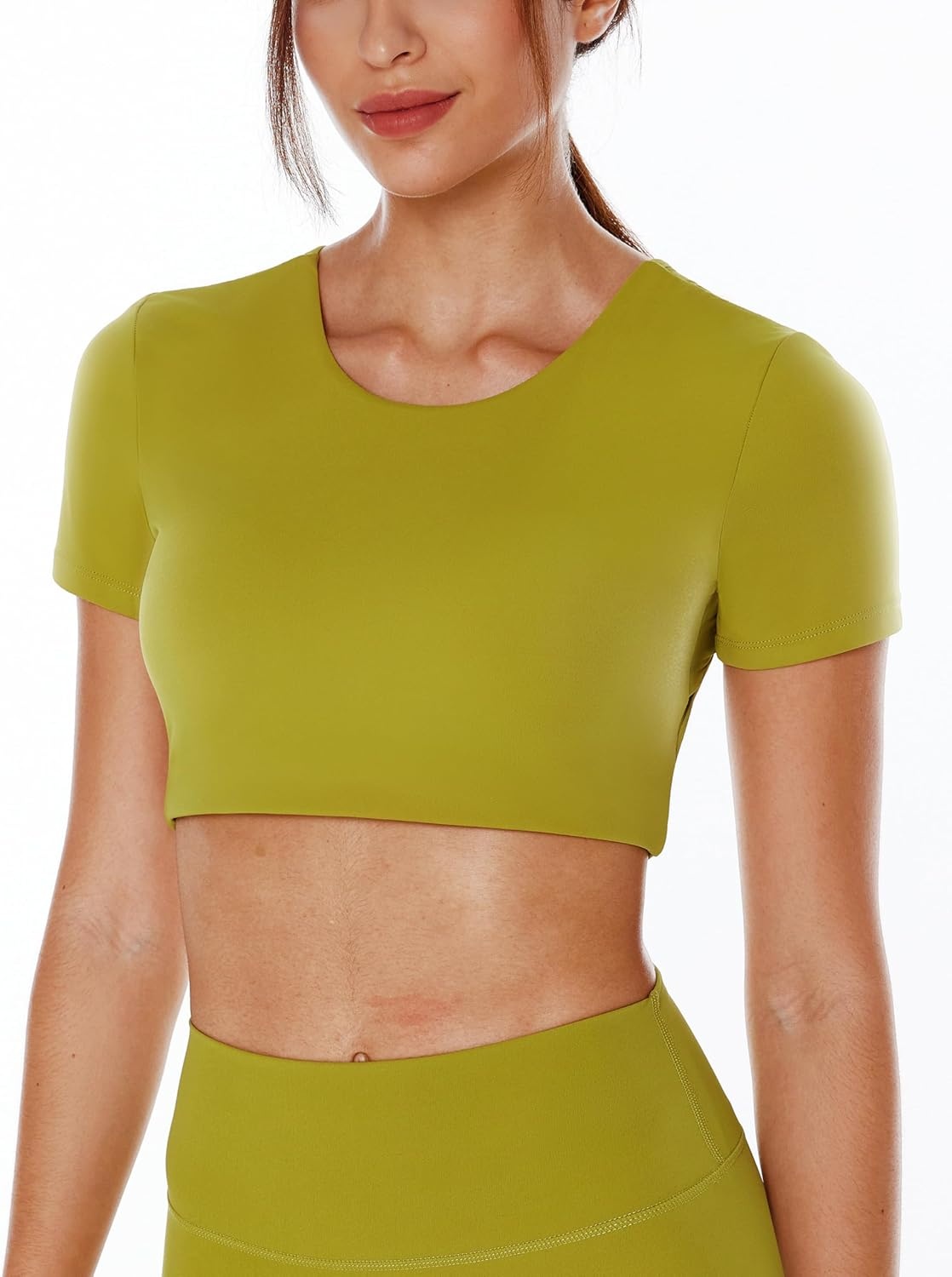 image:imageENERBLOOM Open Back Workout Crop Tops for Women Backless Yoga Shirts Gym Short Sleeve Mild Support Compression Tee with BraGinger Yellow