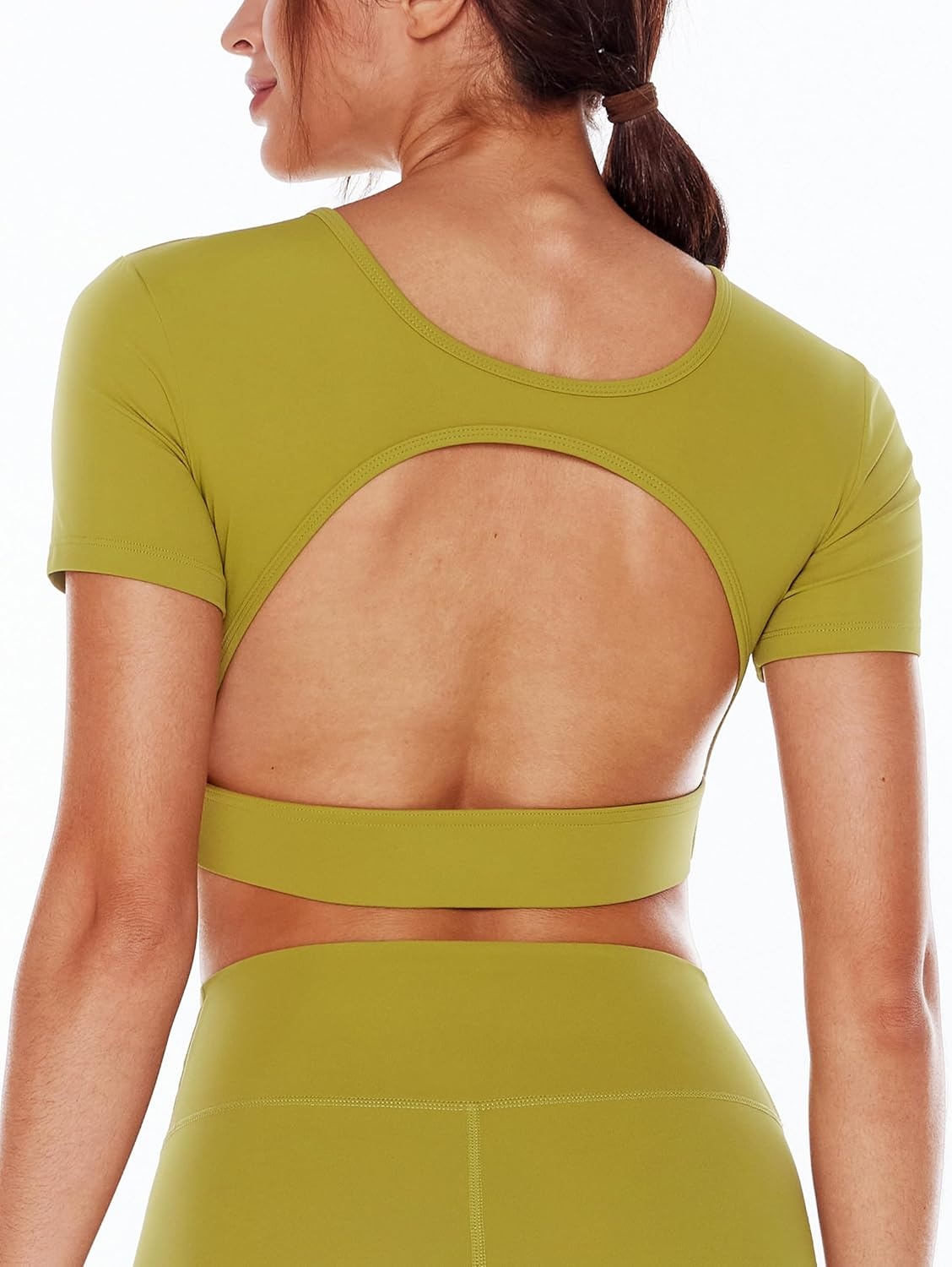 image:imageENERBLOOM Open Back Workout Crop Tops for Women Backless Yoga Shirts Gym Short Sleeve Mild Support Compression Tee with BraGinger Yellow