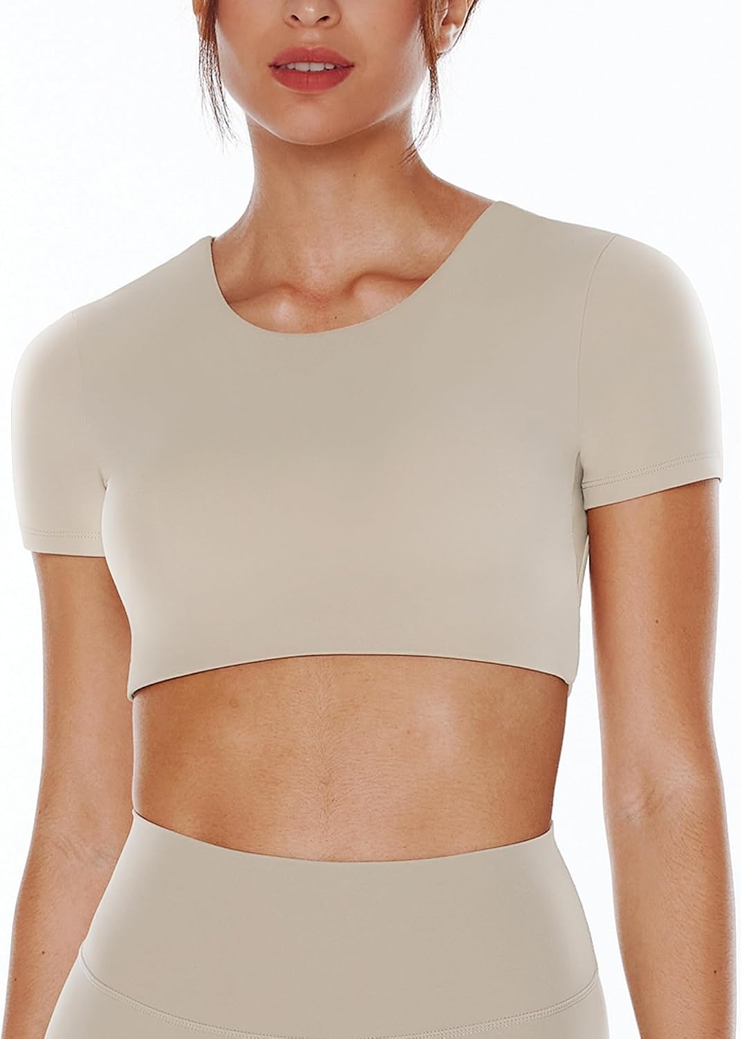 image:imageENERBLOOM Open Back Workout Crop Tops for Women Backless Yoga Shirts Gym Short Sleeve Mild Support Compression Tee with BraKhaki