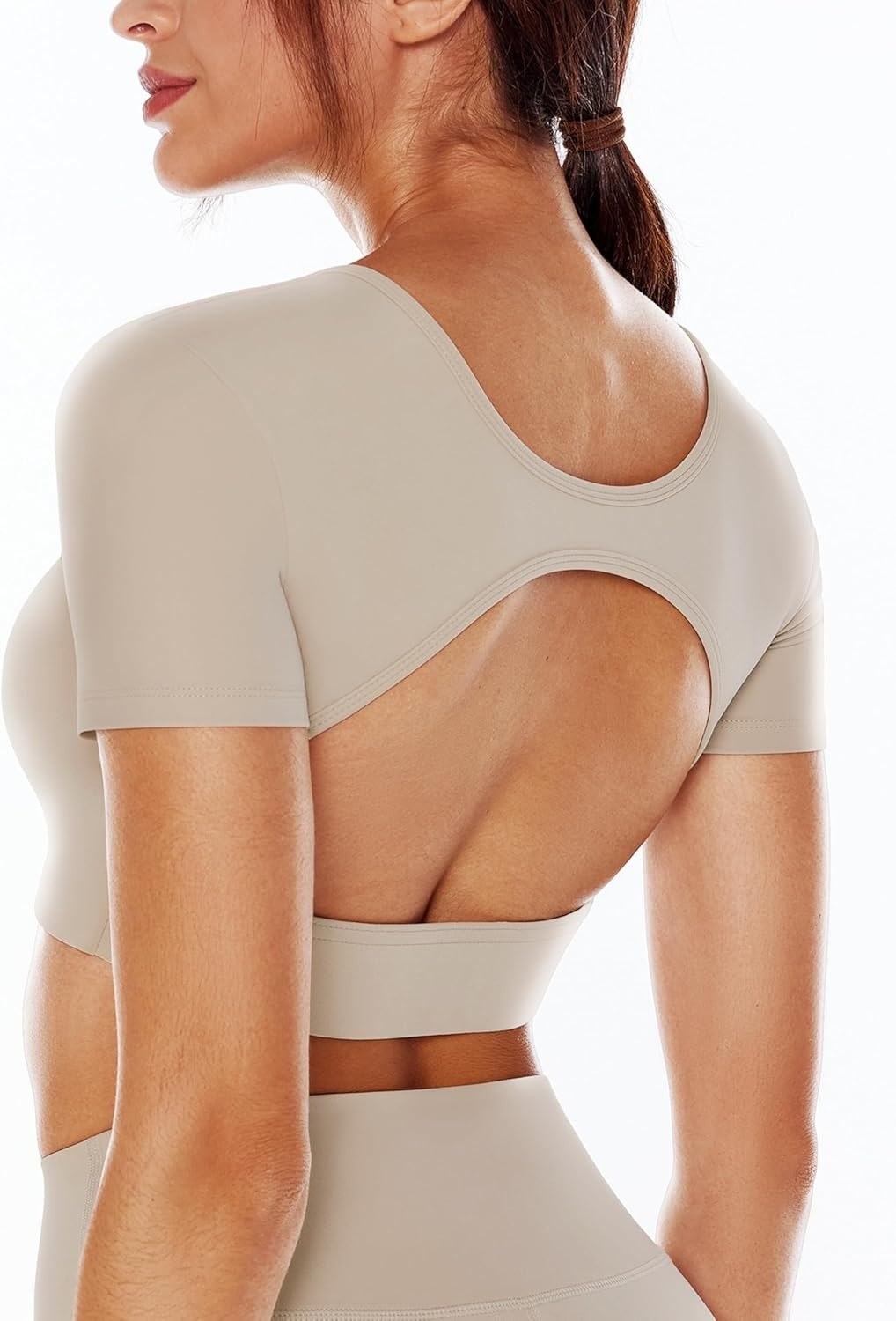 image:imageENERBLOOM Open Back Workout Crop Tops for Women Backless Yoga Shirts Gym Short Sleeve Mild Support Compression Tee with BraKhaki