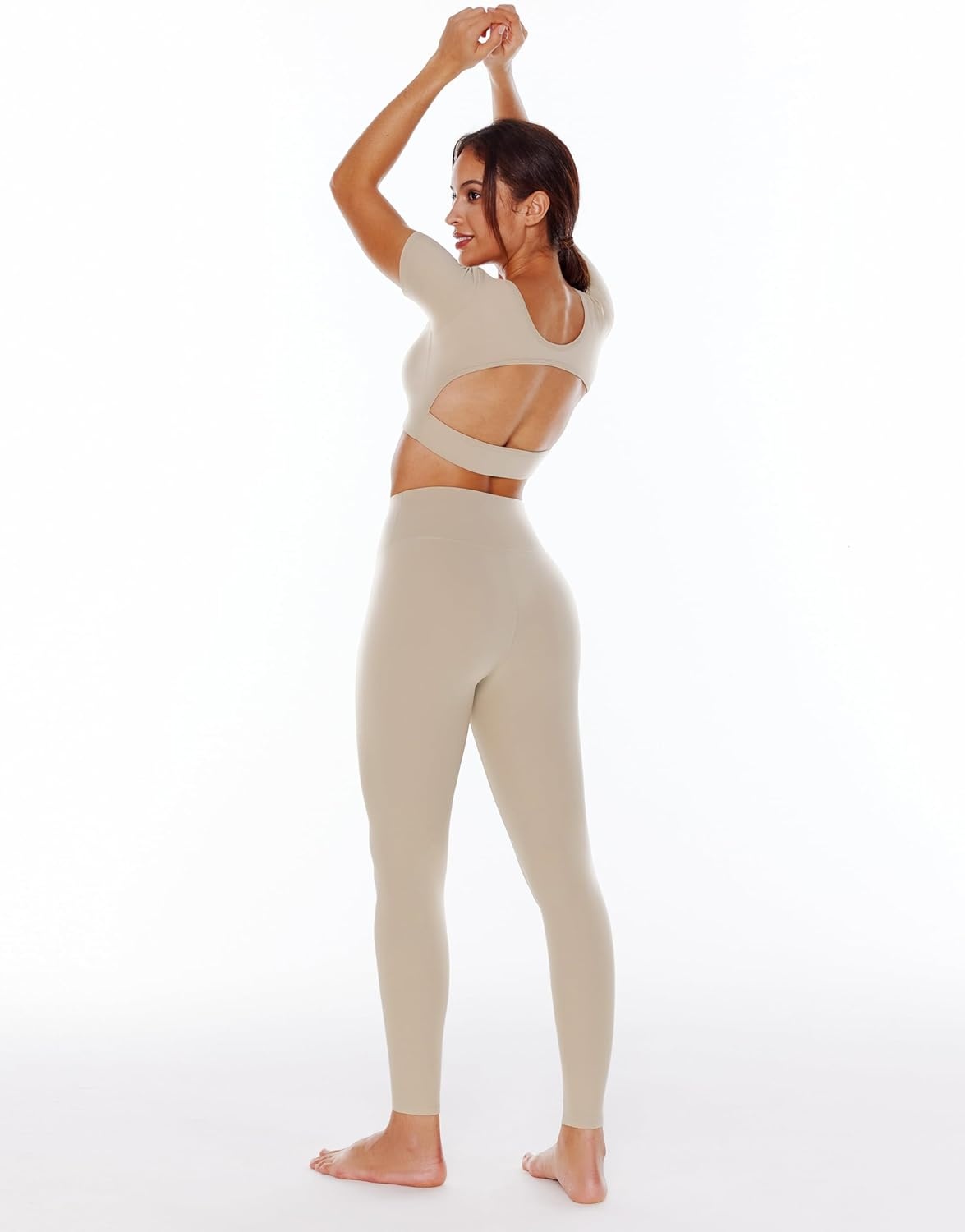 image:imageENERBLOOM Open Back Workout Crop Tops for Women Backless Yoga Shirts Gym Short Sleeve Mild Support Compression Tee with BraKhaki