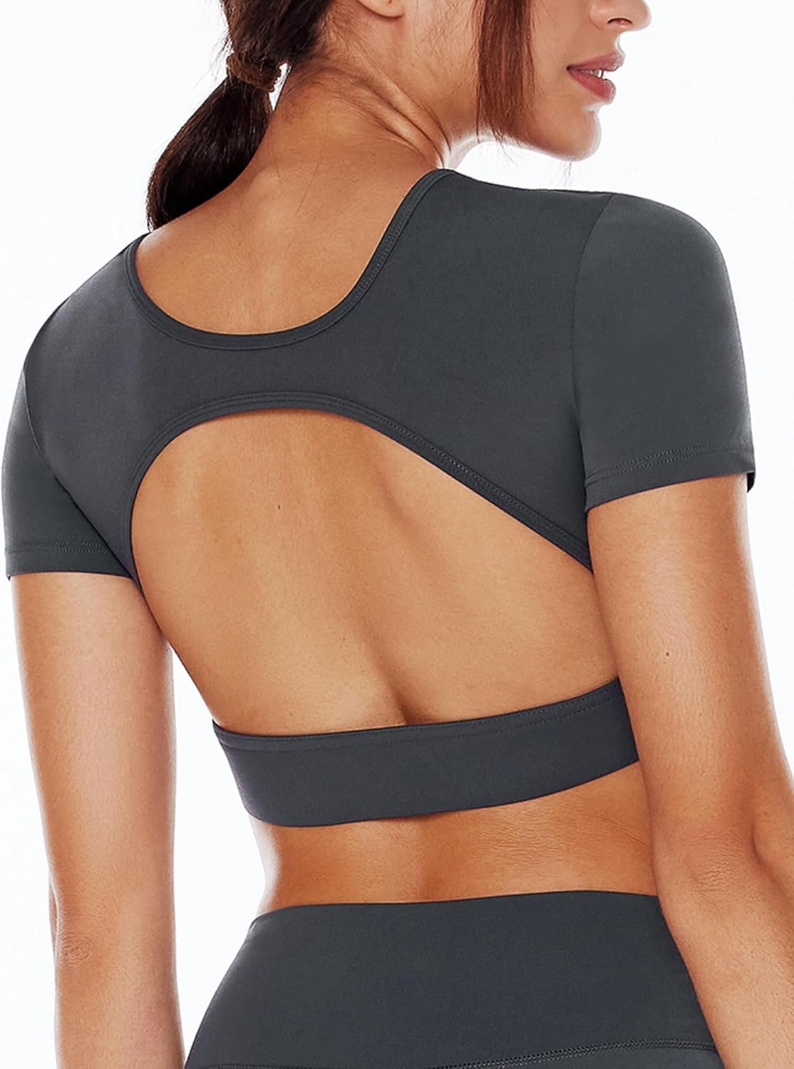 image:imageENERBLOOM Open Back Workout Crop Tops for Women Backless Yoga Shirts Gym Short Sleeve Mild Support Compression Tee with BraLight Grey