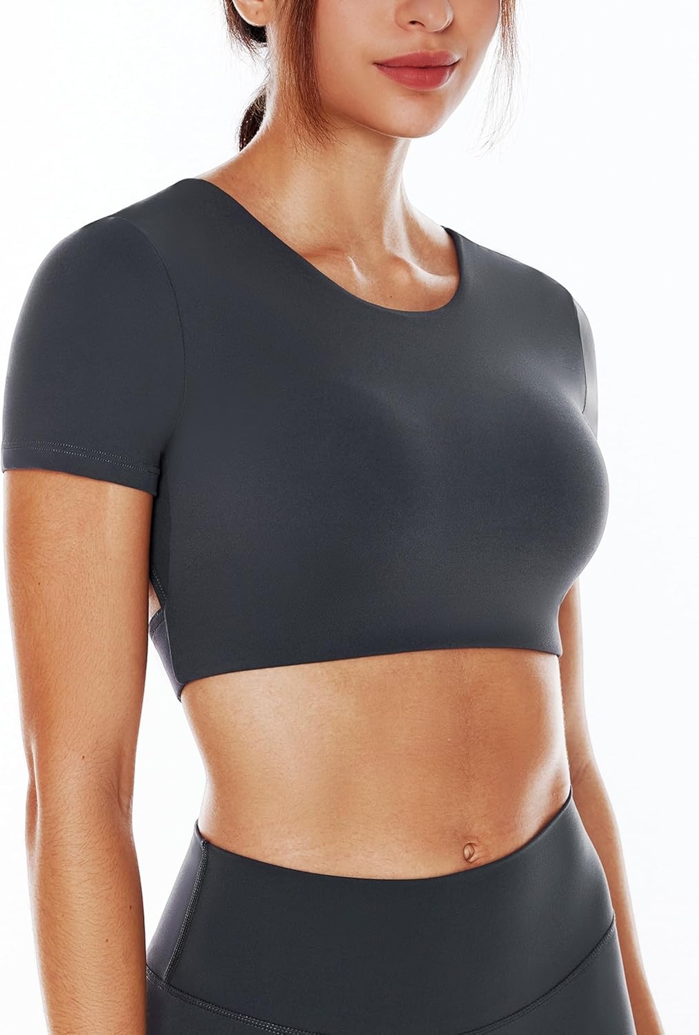 image:imageENERBLOOM Open Back Workout Crop Tops for Women Backless Yoga Shirts Gym Short Sleeve Mild Support Compression Tee with BraLight Grey