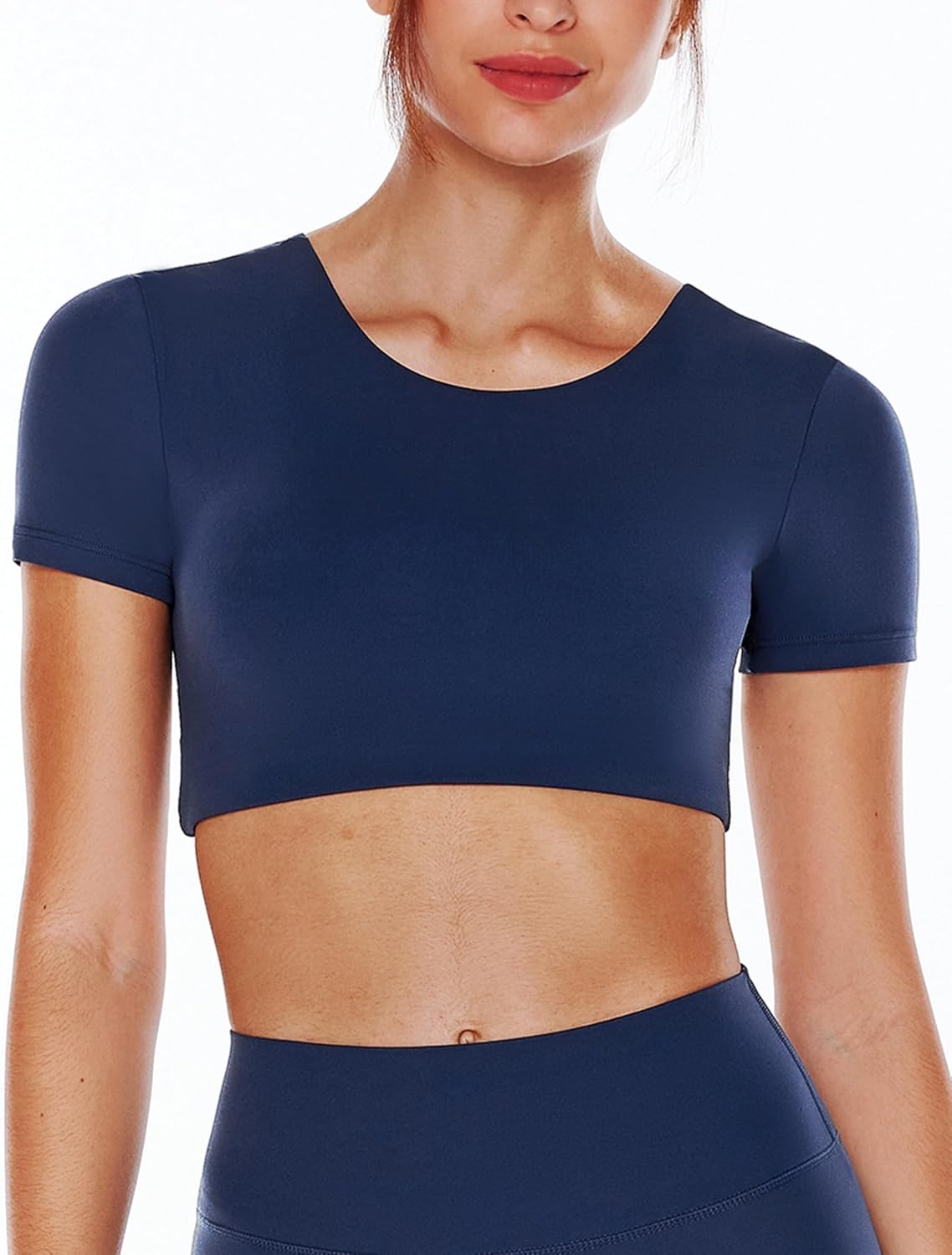 image:imageENERBLOOM Open Back Workout Crop Tops for Women Backless Yoga Shirts Gym Short Sleeve Mild Support Compression Tee with BraNavy Blue