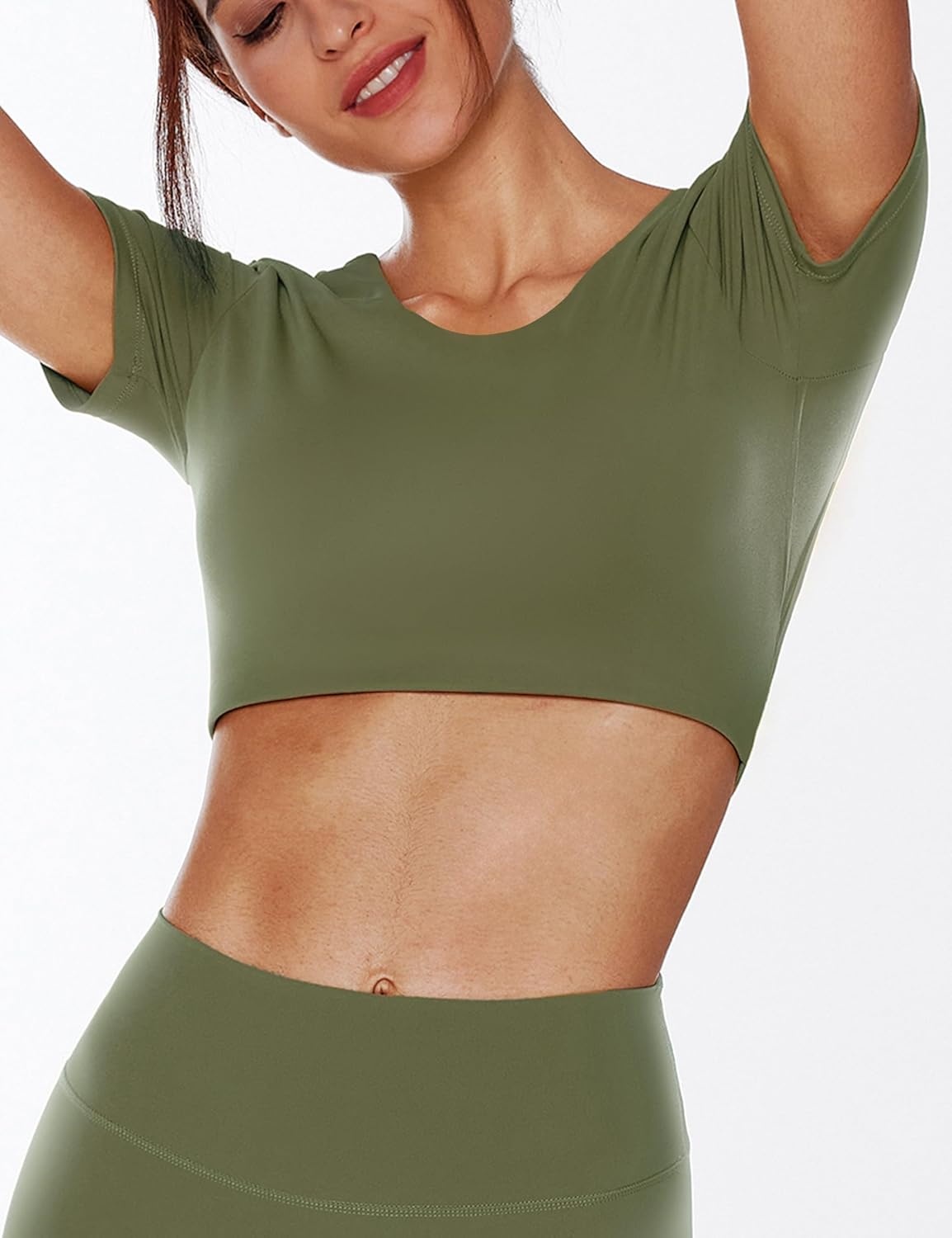 image:imageENERBLOOM Open Back Workout Crop Tops for Women Backless Yoga Shirts Gym Short Sleeve Mild Support Compression Tee with BraOlive Green
