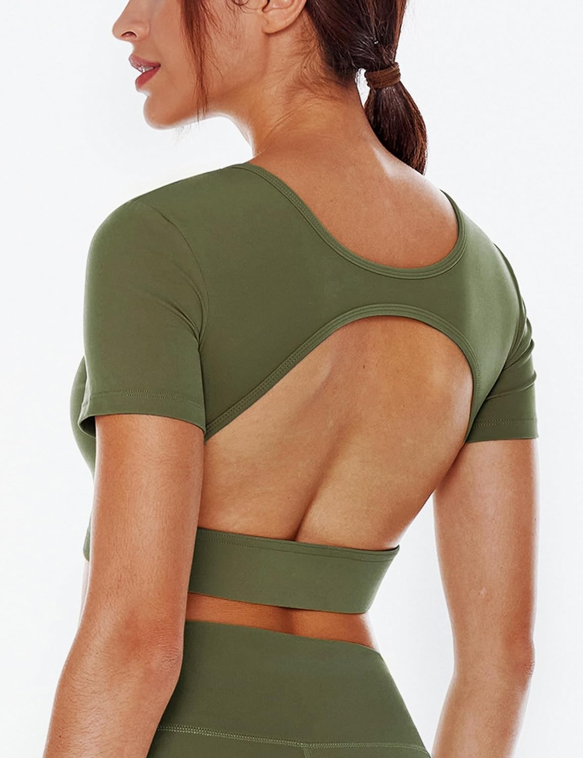 image:imageENERBLOOM Open Back Workout Crop Tops for Women Backless Yoga Shirts Gym Short Sleeve Mild Support Compression Tee with BraOlive Green