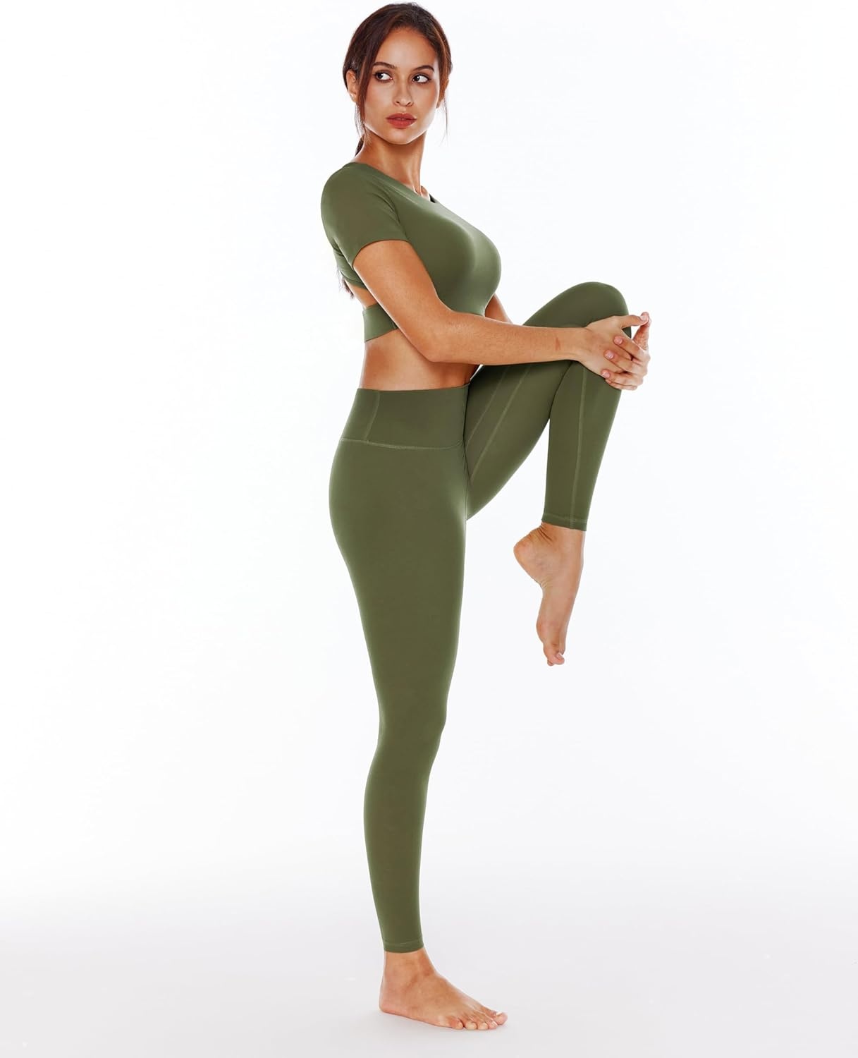 image:imageENERBLOOM Open Back Workout Crop Tops for Women Backless Yoga Shirts Gym Short Sleeve Mild Support Compression Tee with BraOlive Green