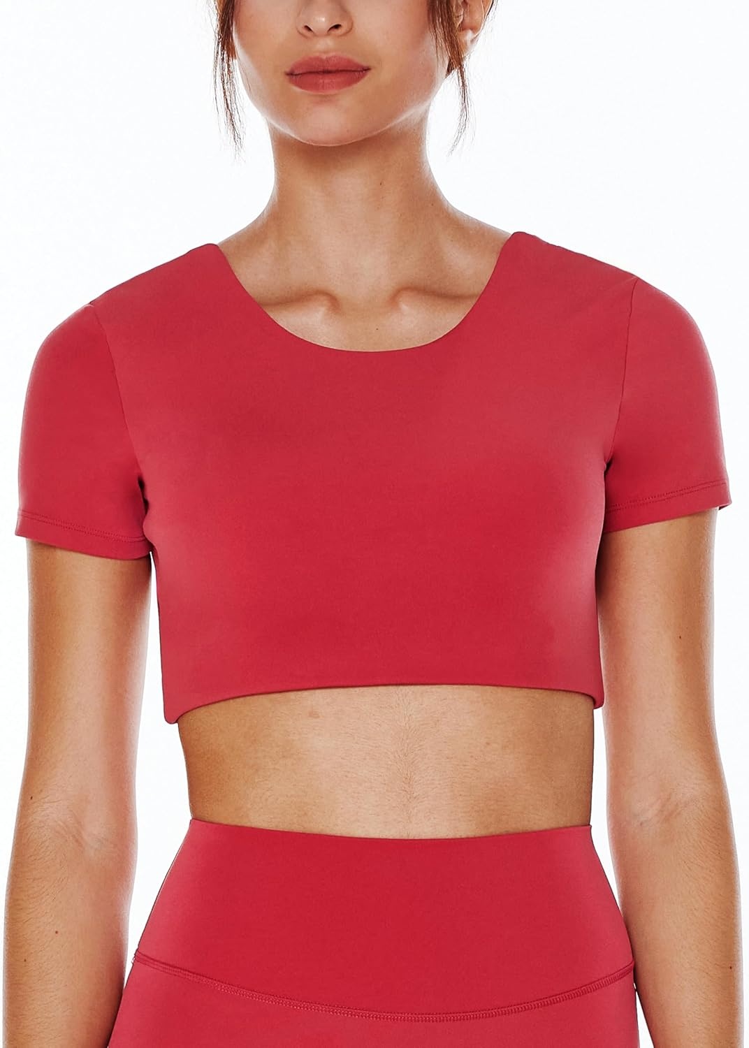 image:imageENERBLOOM Open Back Workout Crop Tops for Women Backless Yoga Shirts Gym Short Sleeve Mild Support Compression Tee with BraWatermelon Red