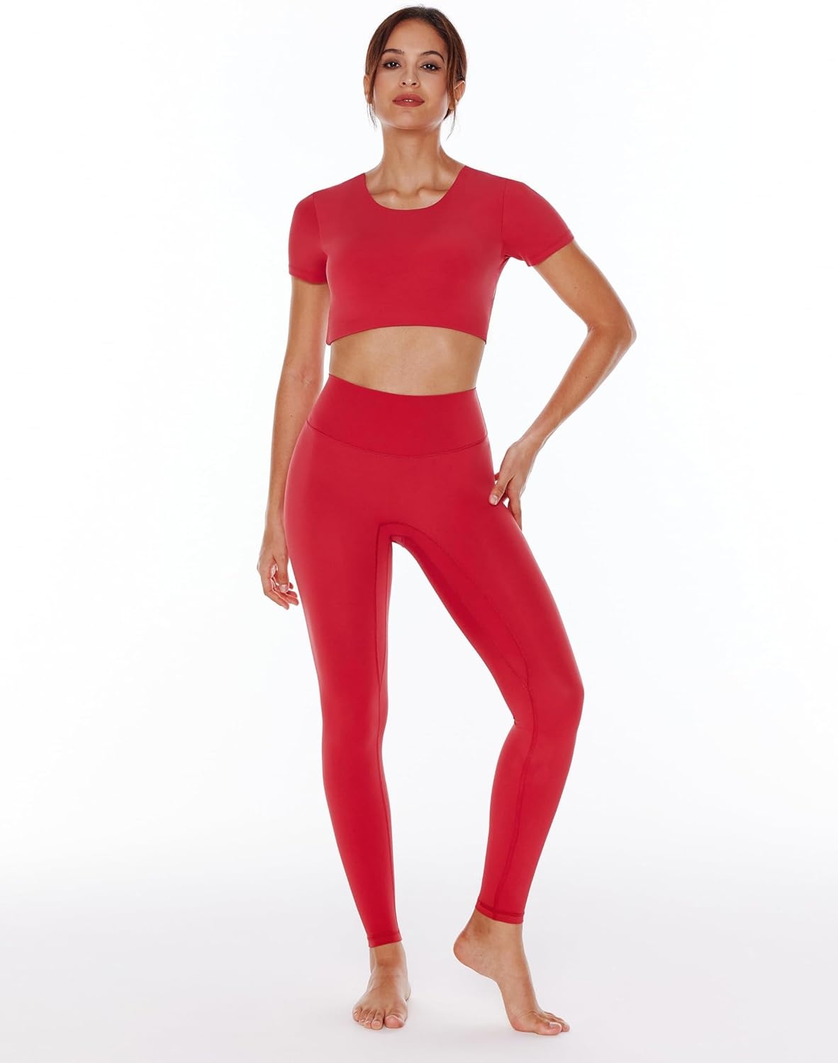 image:imageENERBLOOM Open Back Workout Crop Tops for Women Backless Yoga Shirts Gym Short Sleeve Mild Support Compression Tee with BraWatermelon Red