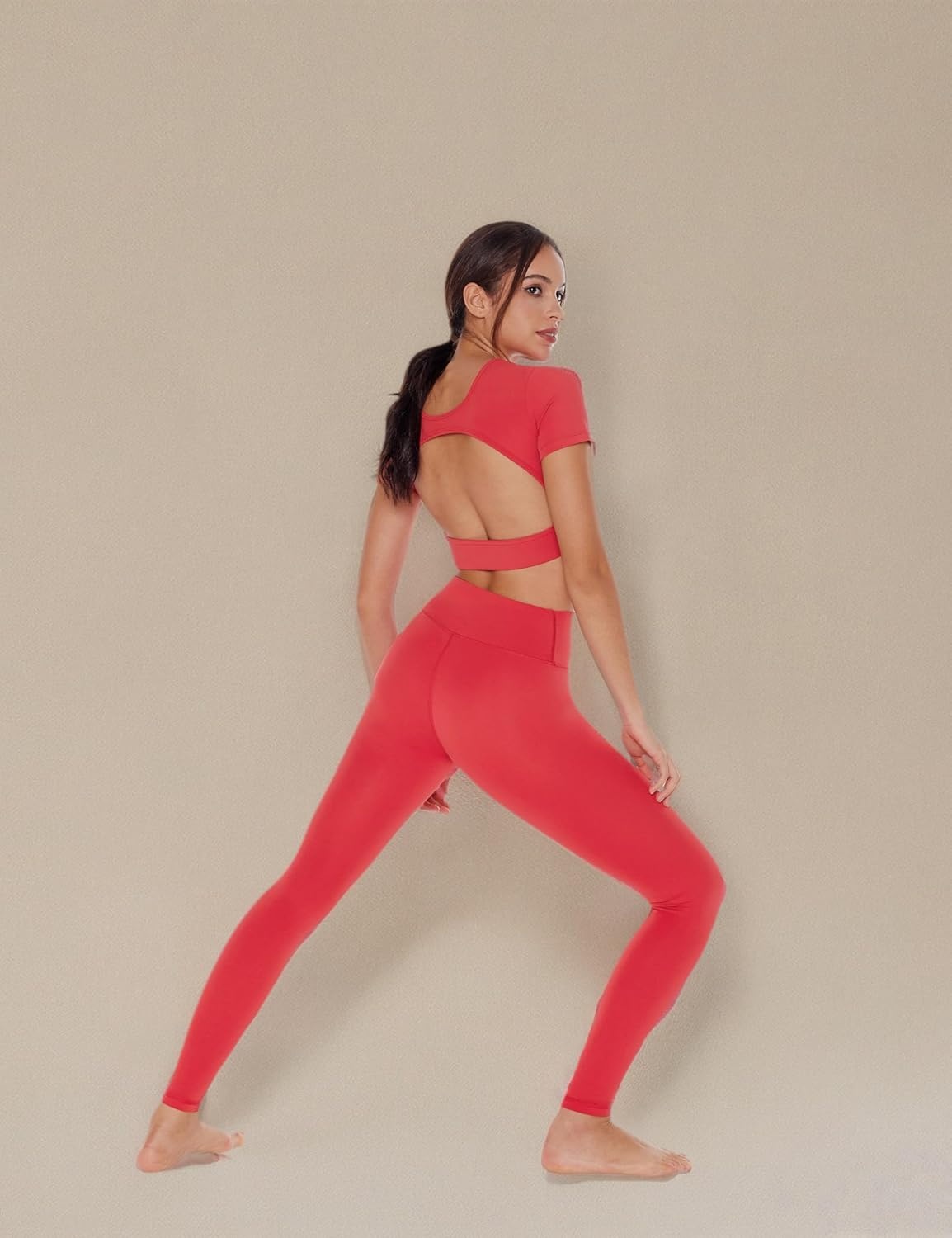 image:imageENERBLOOM Open Back Workout Crop Tops for Women Backless Yoga Shirts Gym Short Sleeve Mild Support Compression Tee with BraWatermelon Red