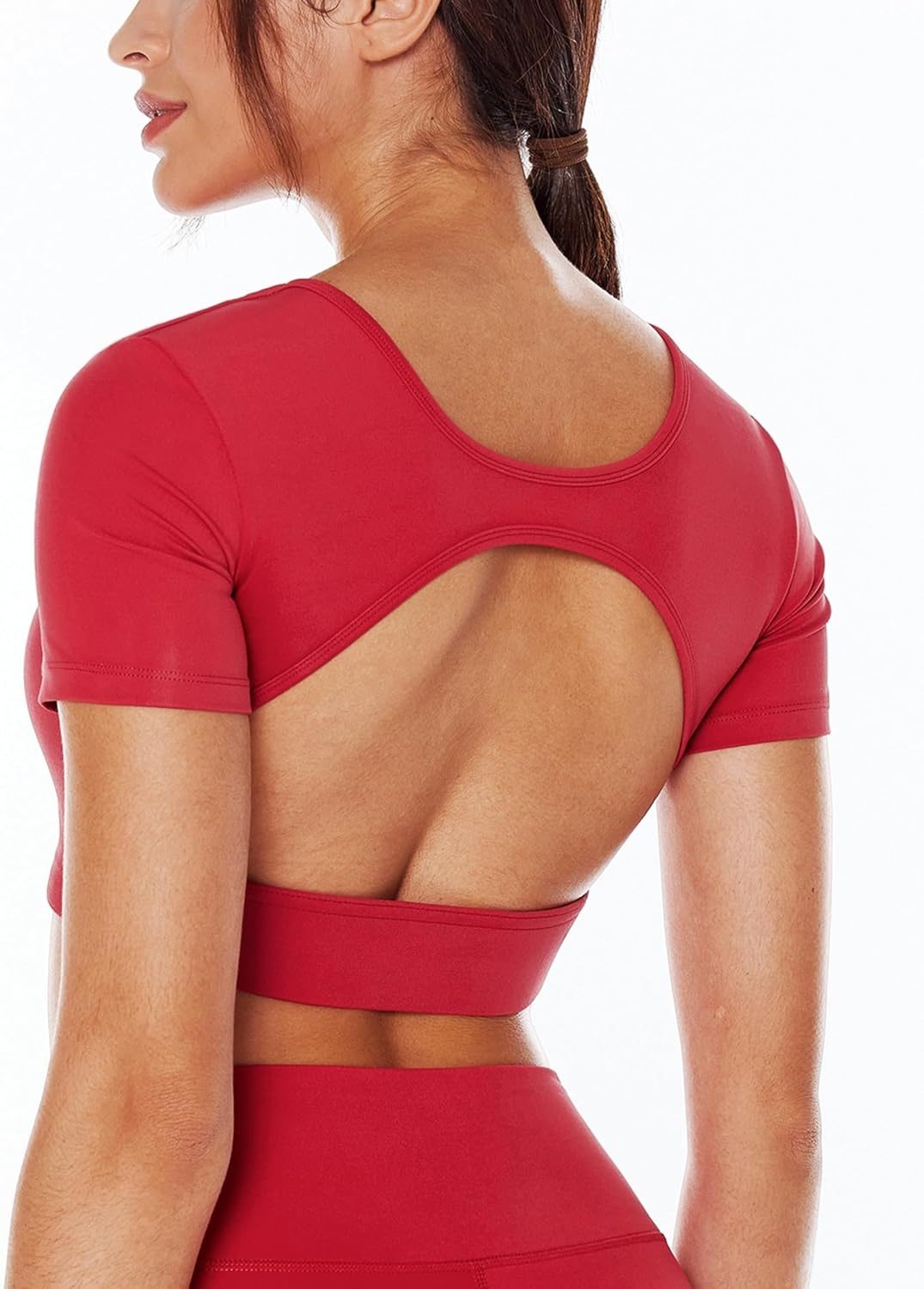 image:imageENERBLOOM Open Back Workout Crop Tops for Women Backless Yoga Shirts Gym Short Sleeve Mild Support Compression Tee with BraWatermelon Red