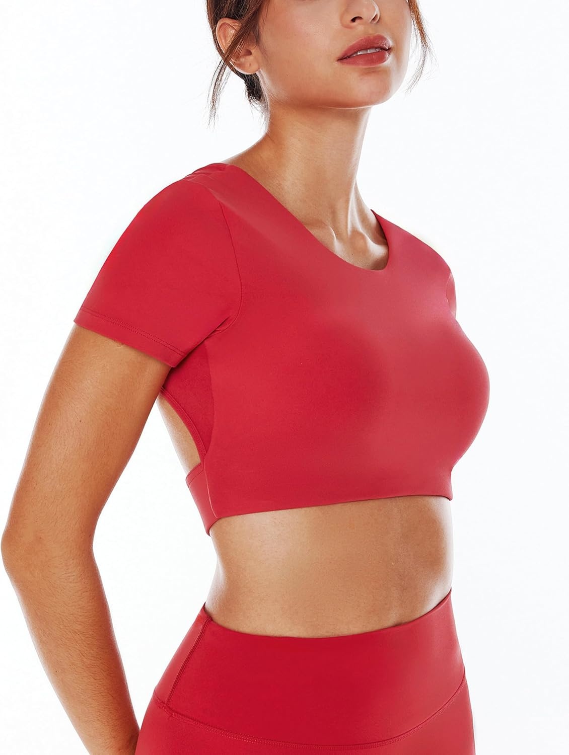 image:imageENERBLOOM Open Back Workout Crop Tops for Women Backless Yoga Shirts Gym Short Sleeve Mild Support Compression Tee with BraWatermelon Red