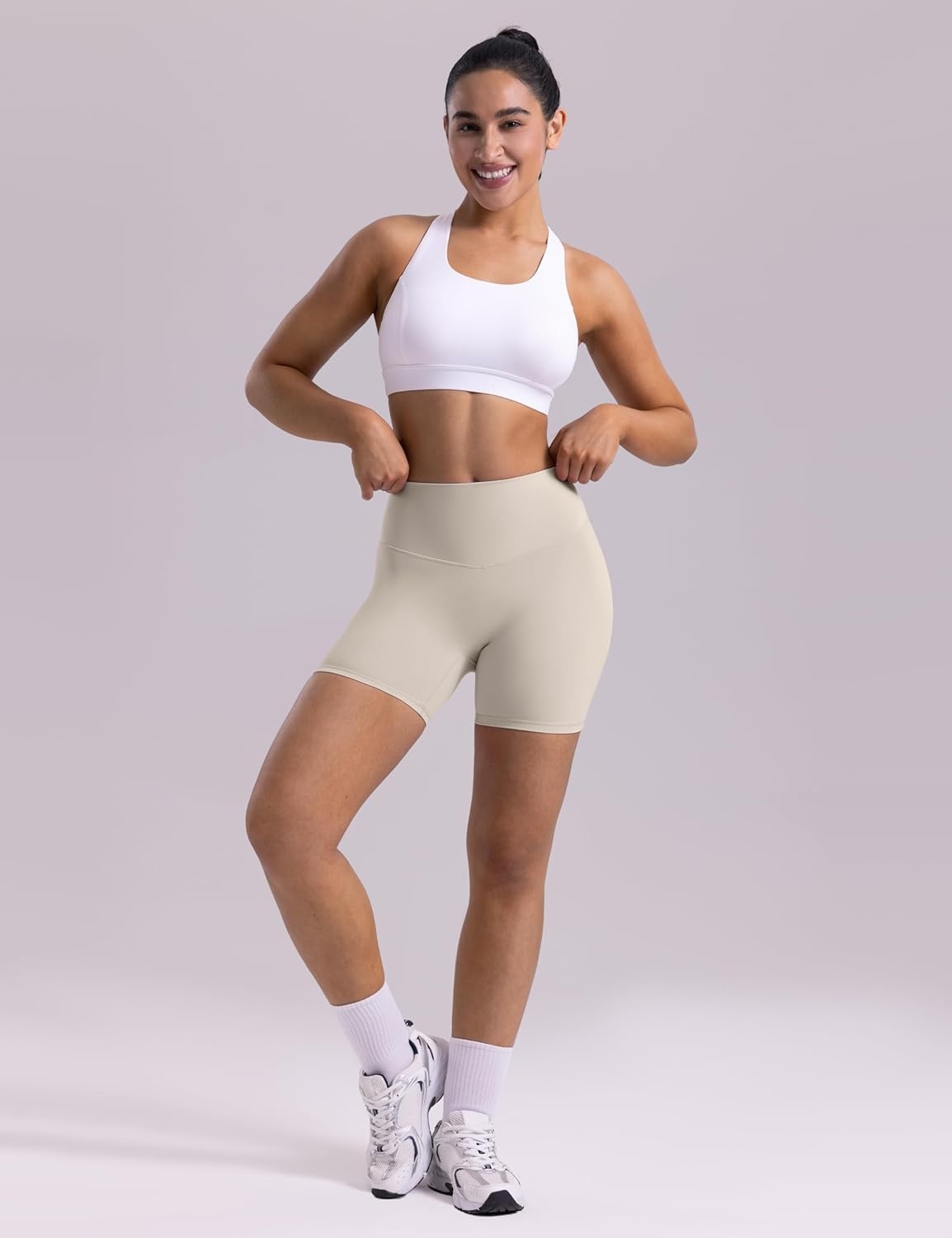 image:imageENERBLOOM Womens Biker Shorts Workout 25 4 6 High Waisted No Front Seam Yoga Hidden Scrunch Running Summer Gym ShortApricotkhaki