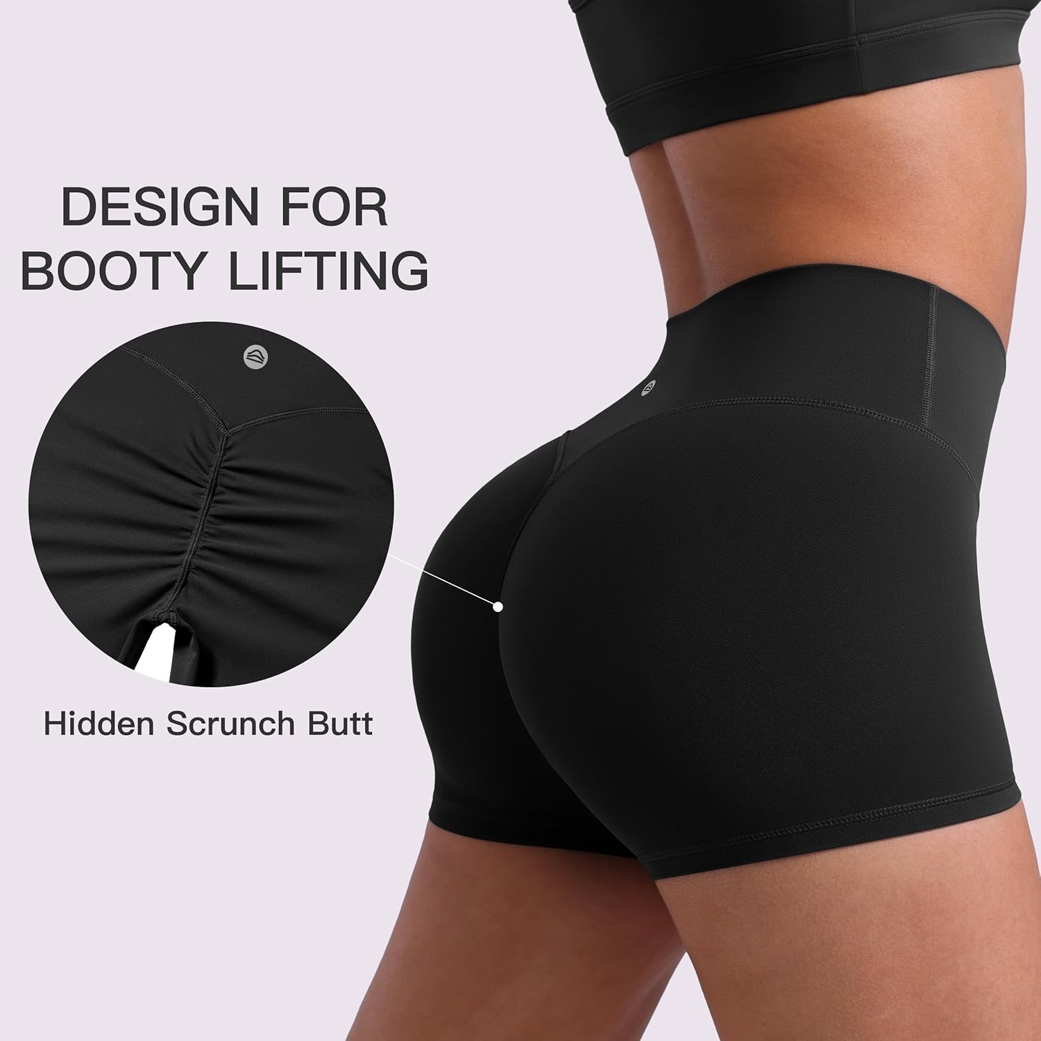 image:imageENERBLOOM Womens Biker Shorts Workout 25 4 6 High Waisted No Front Seam Yoga Hidden Scrunch Running Summer Gym ShortBlack
