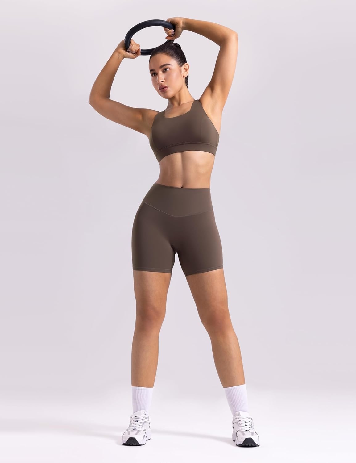 image:imageENERBLOOM Womens Biker Shorts Workout 25 4 6 High Waisted No Front Seam Yoga Hidden Scrunch Running Summer Gym ShortCoffee