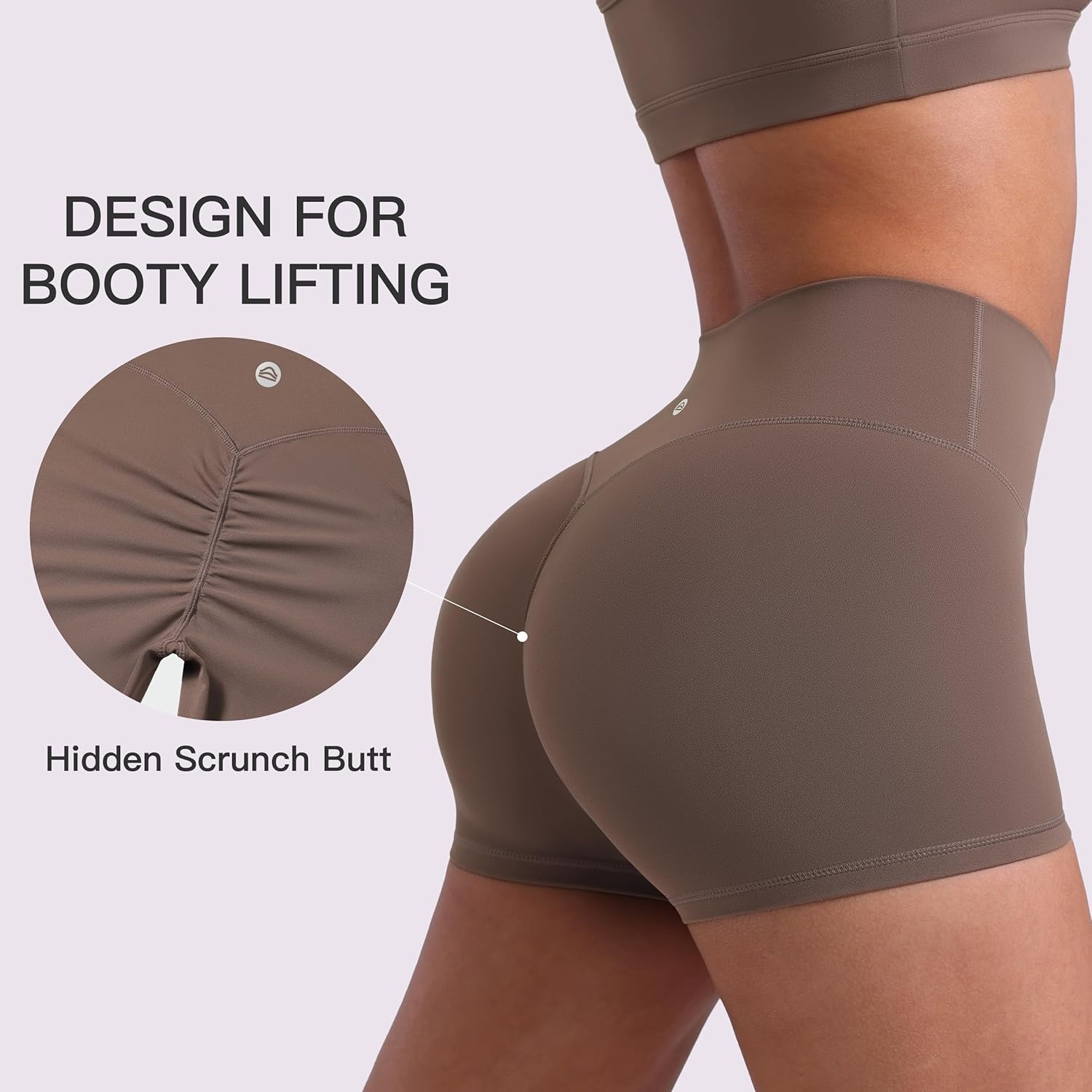 image:imageENERBLOOM Womens Biker Shorts Workout 25 4 6 High Waisted No Front Seam Yoga Hidden Scrunch Running Summer Gym ShortCoffee