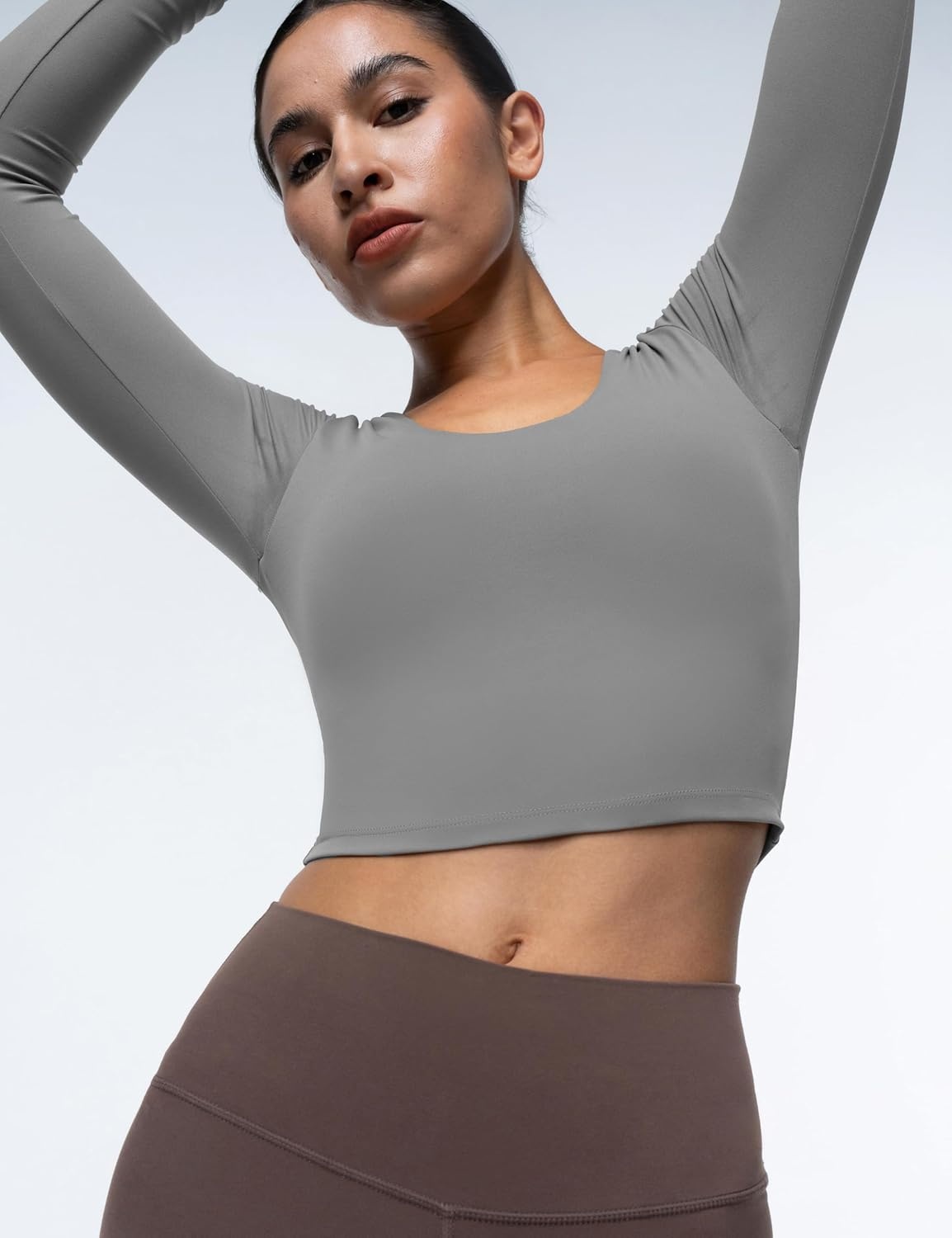 image:imageENERBLOOM Womens Long Sleeve Shirts Workout Crop Tops Yoga Tee Built in Bra Mild Support Cream Feeling Athletic Top UNeckDark Gray
