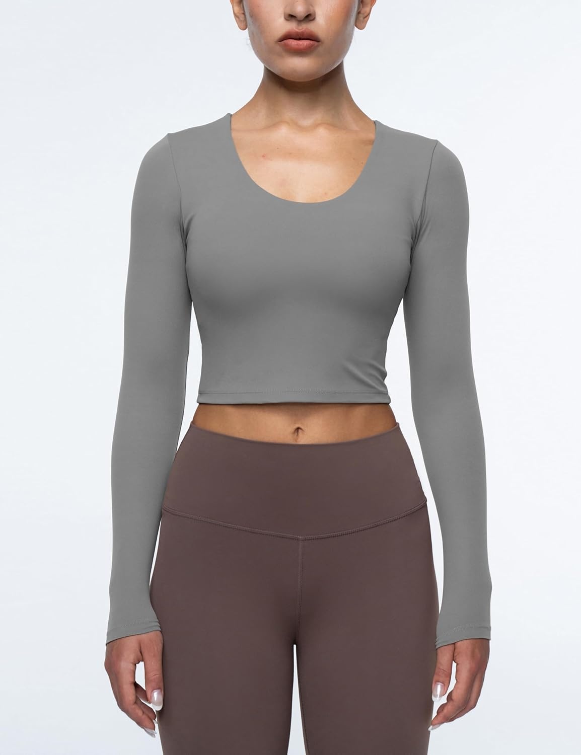 image:imageENERBLOOM Womens Long Sleeve Shirts Workout Crop Tops Yoga Tee Built in Bra Mild Support Cream Feeling Athletic Top UNeckDark Gray