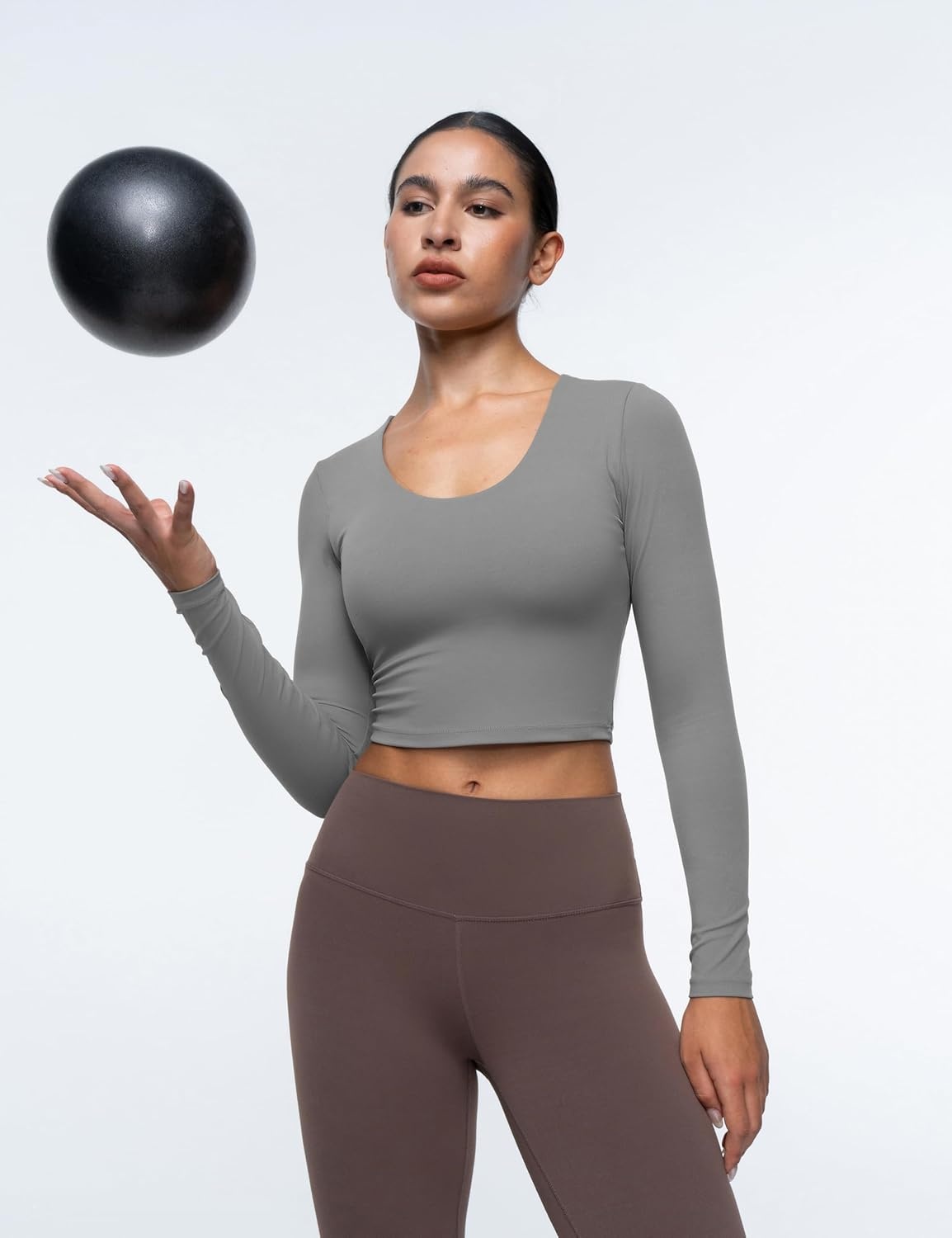 image:imageENERBLOOM Womens Long Sleeve Shirts Workout Crop Tops Yoga Tee Built in Bra Mild Support Cream Feeling Athletic Top UNeckDark Gray