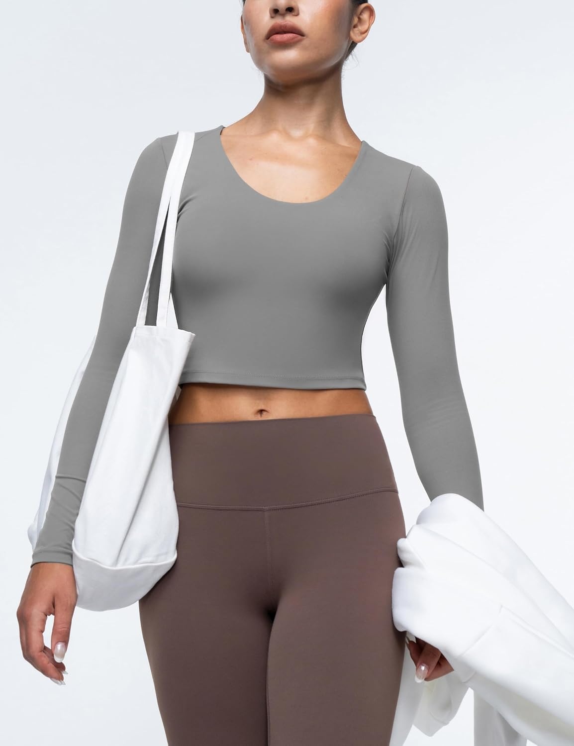 image:imageENERBLOOM Womens Long Sleeve Shirts Workout Crop Tops Yoga Tee Built in Bra Mild Support Cream Feeling Athletic Top UNeckDark Gray