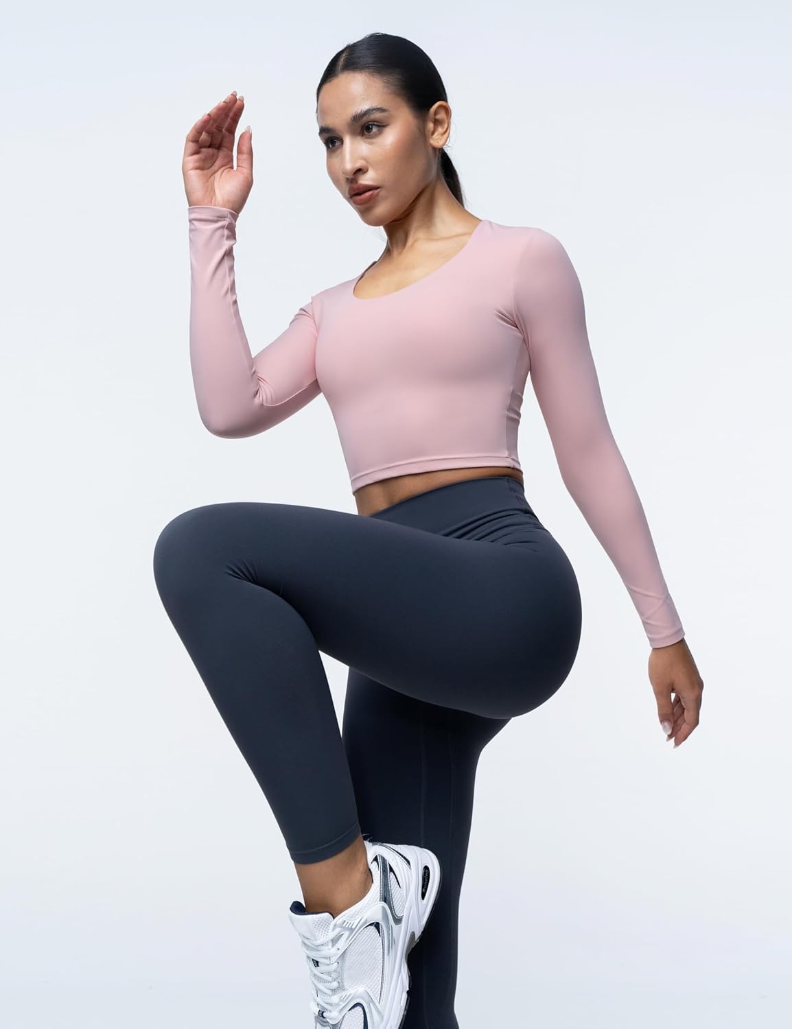 image:imageENERBLOOM Womens Long Sleeve Shirts Workout Crop Tops Yoga Tee Built in Bra Mild Support Cream Feeling Athletic Top UNeckFlower Pink
