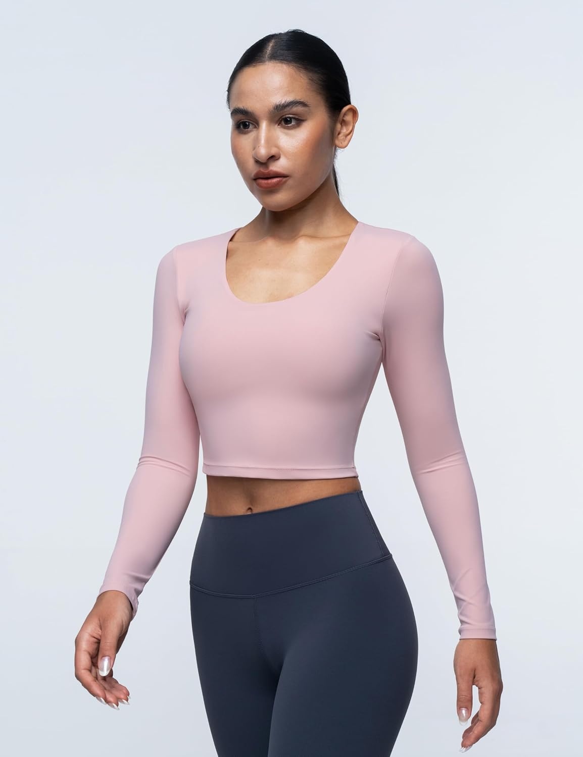 image:imageENERBLOOM Womens Long Sleeve Shirts Workout Crop Tops Yoga Tee Built in Bra Mild Support Cream Feeling Athletic Top UNeckFlower Pink