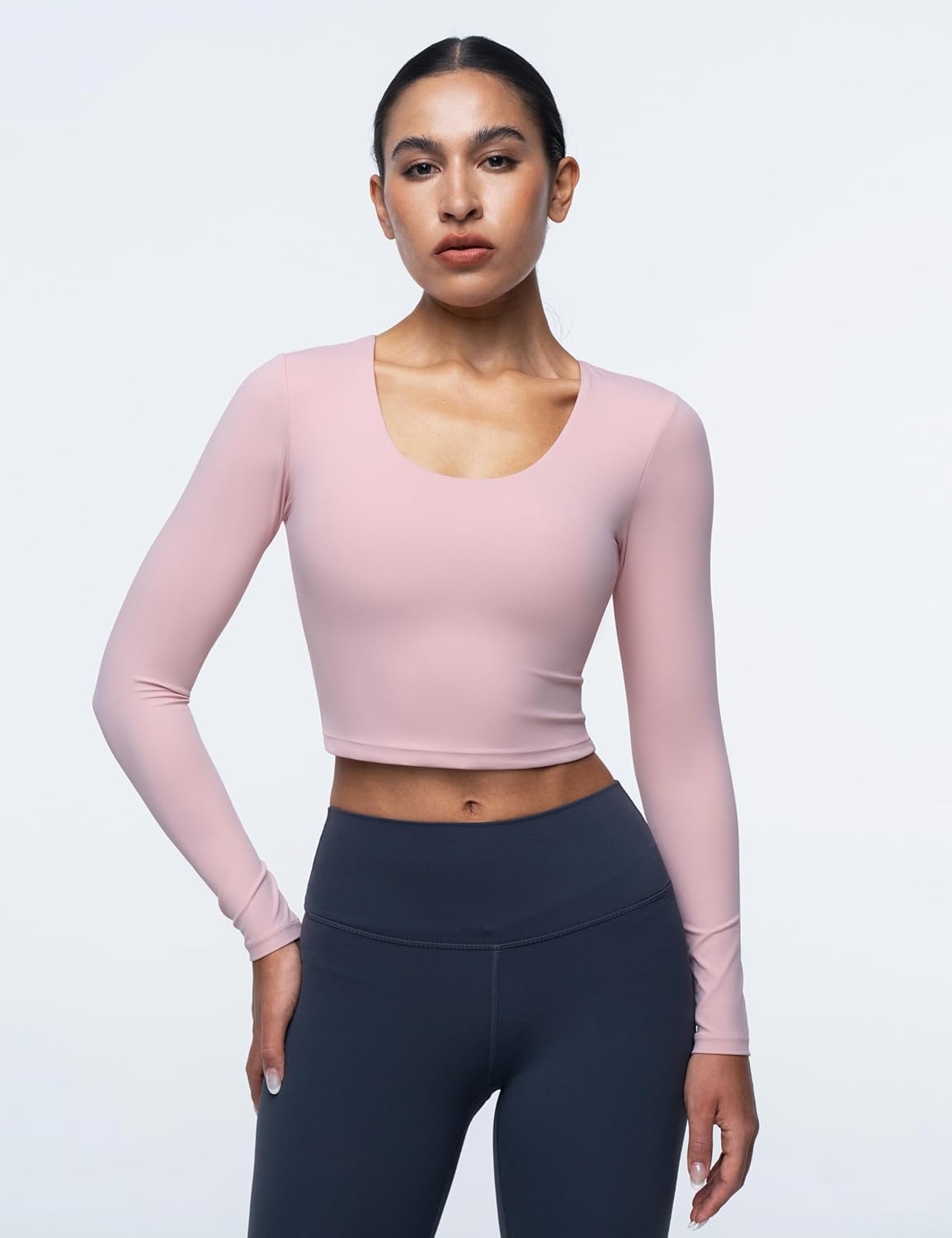 image:imageENERBLOOM Womens Long Sleeve Shirts Workout Crop Tops Yoga Tee Built in Bra Mild Support Cream Feeling Athletic Top UNeckFlower Pink