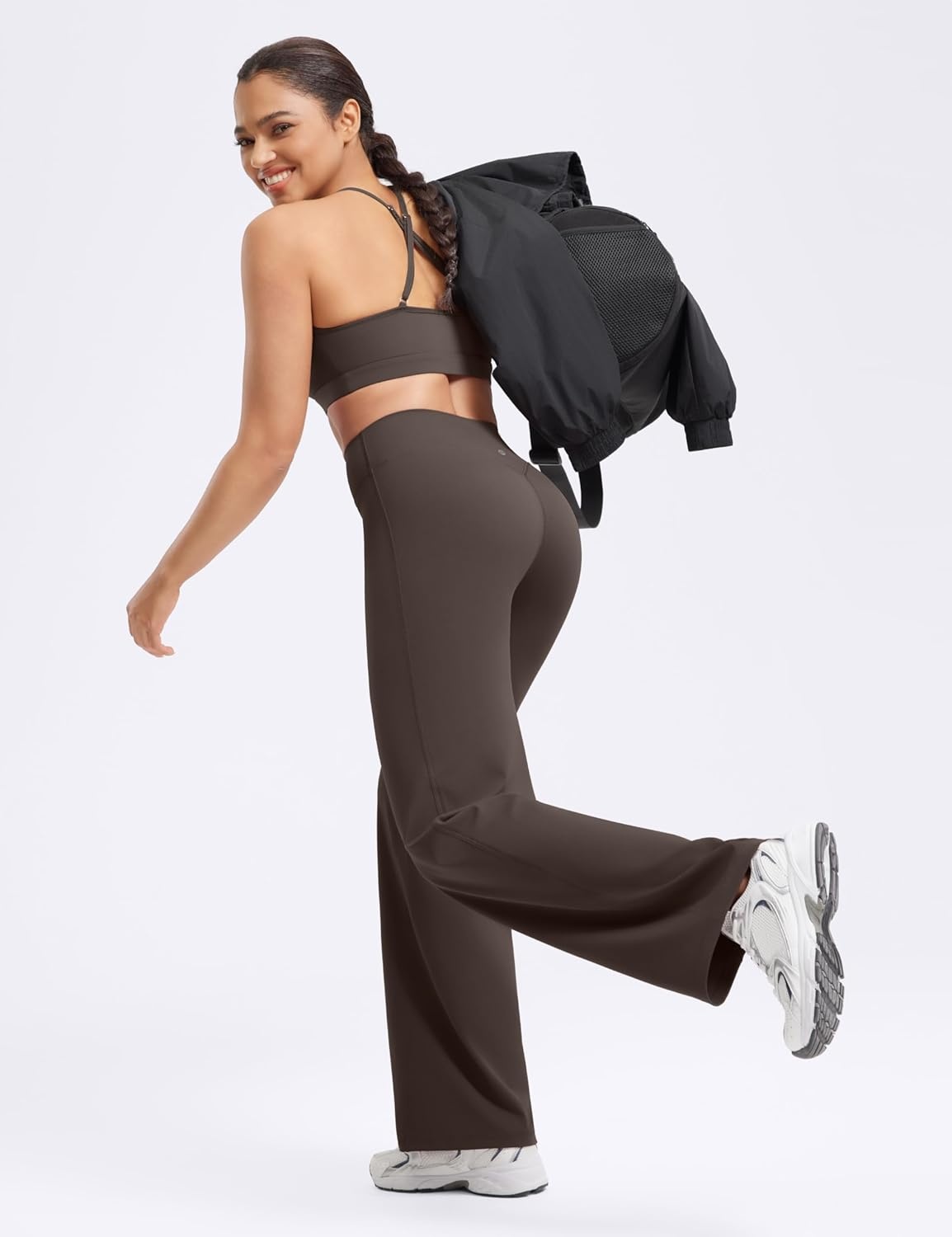 image:imageENERBLOOM Womens Straight Workout Leggings Wide Leg Yoga Pants 29 3133 High Waist Stretch Bottoms Casual SweatpantsBrown