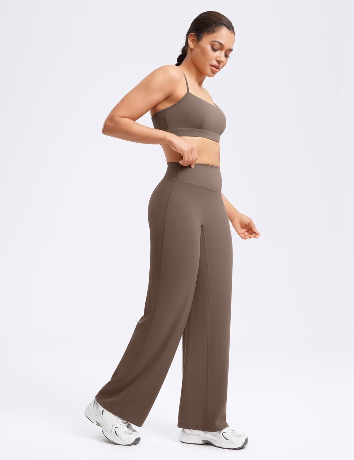 image:imageENERBLOOM Womens Straight Workout Leggings Wide Leg Yoga Pants 29 3133 High Waist Stretch Bottoms Casual SweatpantsCoffee