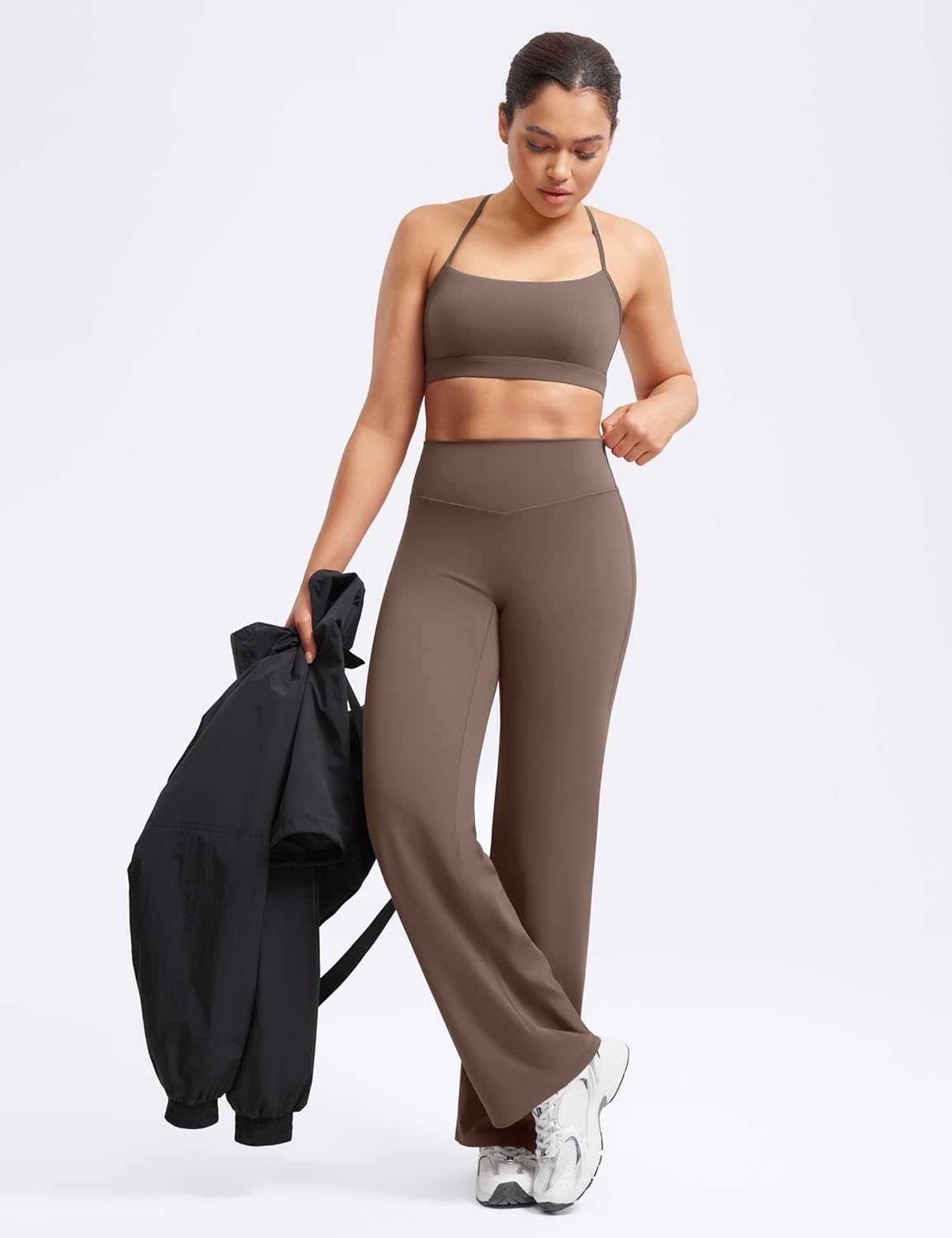 image:imageENERBLOOM Womens Straight Workout Leggings Wide Leg Yoga Pants 29 3133 High Waist Stretch Bottoms Casual SweatpantsCoffee