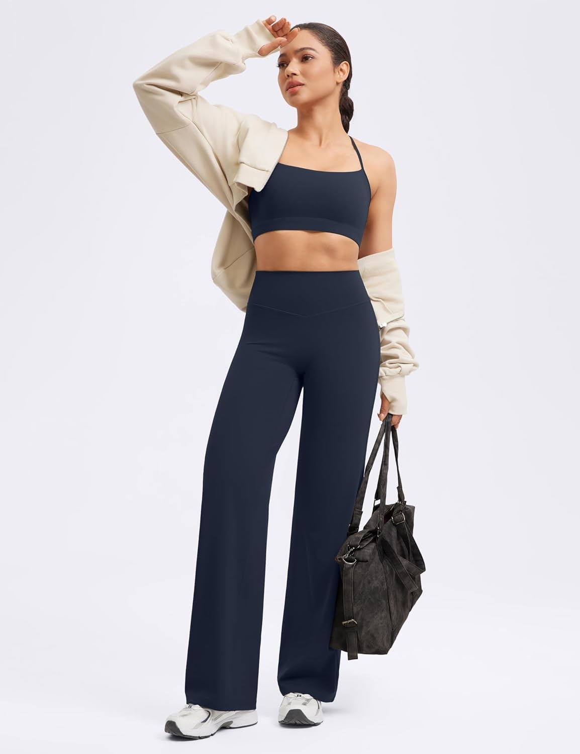 image:imageENERBLOOM Womens Straight Workout Leggings Wide Leg Yoga Pants 29 3133 High Waist Stretch Bottoms Casual SweatpantsDark Navy