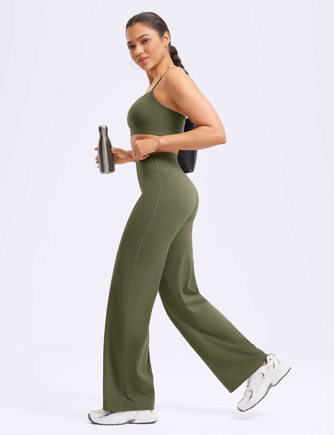 image:imageENERBLOOM Womens Straight Workout Leggings Wide Leg Yoga Pants 29 3133 High Waist Stretch Bottoms Casual SweatpantsGreen