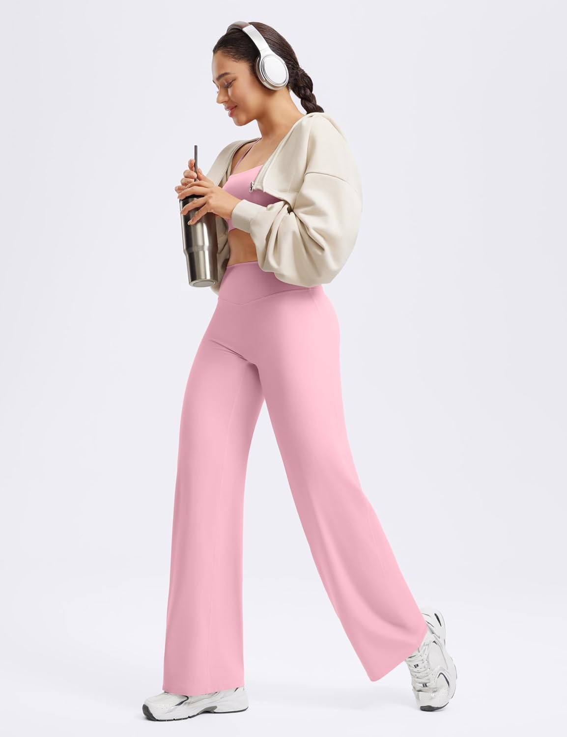 image:imageENERBLOOM Womens Straight Workout Leggings Wide Leg Yoga Pants 29 3133 High Waist Stretch Bottoms Casual SweatpantsPastel Pink