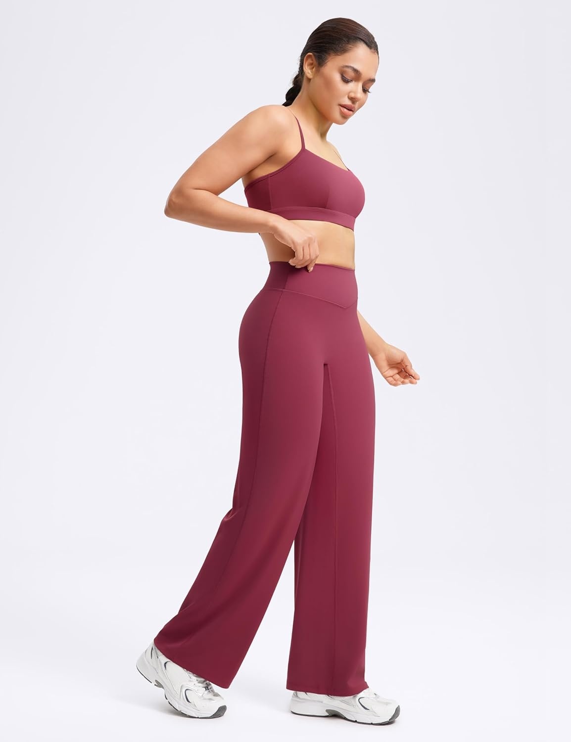 image:imageENERBLOOM Womens Straight Workout Leggings Wide Leg Yoga Pants 29 3133 High Waist Stretch Bottoms Casual SweatpantsWine Red