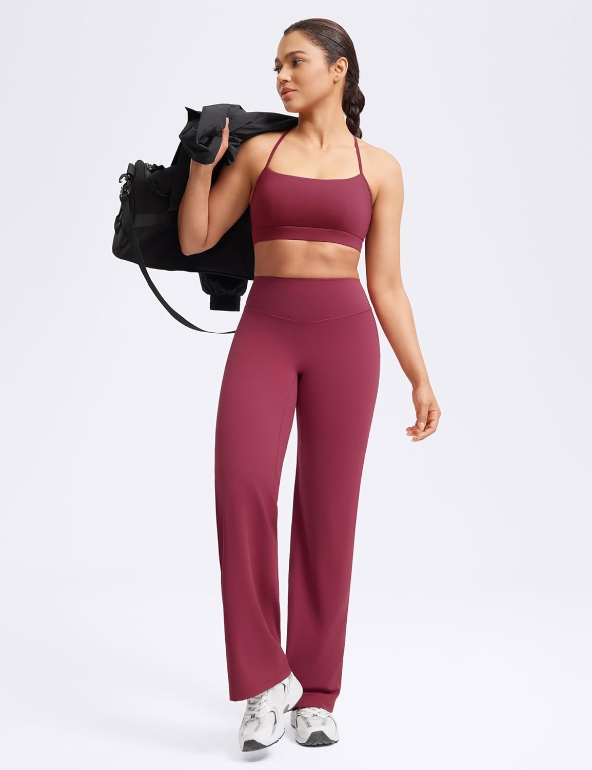 image:imageENERBLOOM Womens Straight Workout Leggings Wide Leg Yoga Pants 29 3133 High Waist Stretch Bottoms Casual SweatpantsWine Red