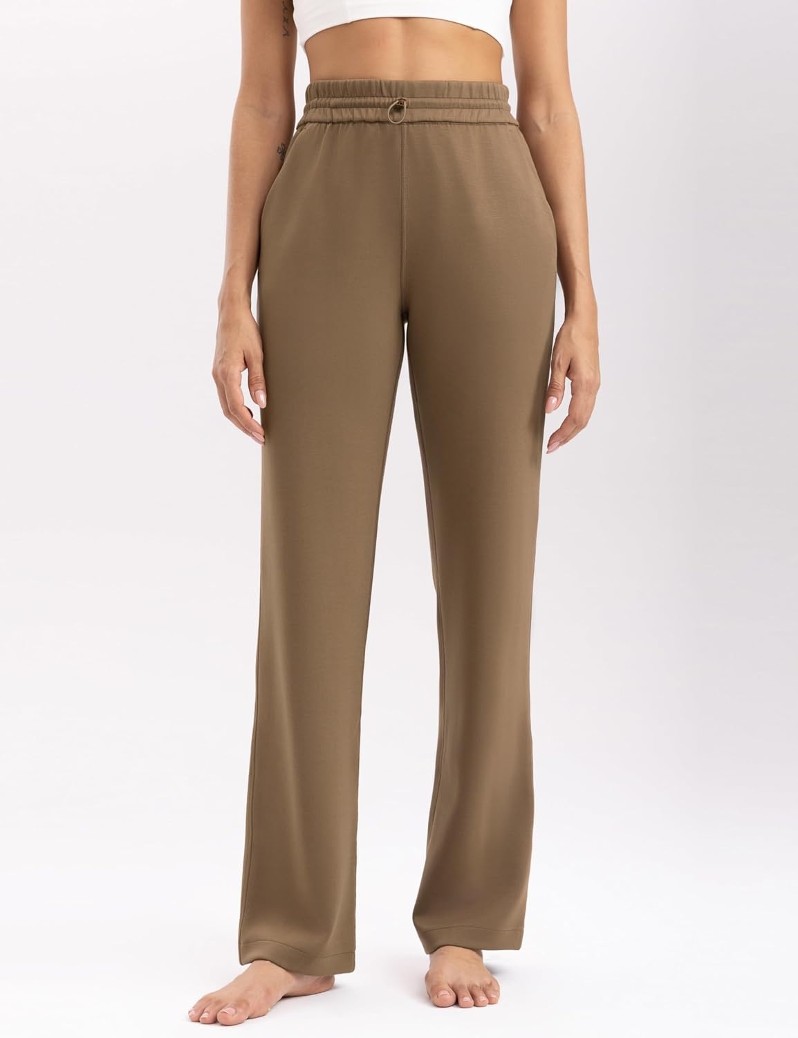 image:imageENERBLOOM Womens Sweatpants with Pockets Elastic High Waisted Joggers Casual Straight Leg Drawstring Athletic Pants 31Brown